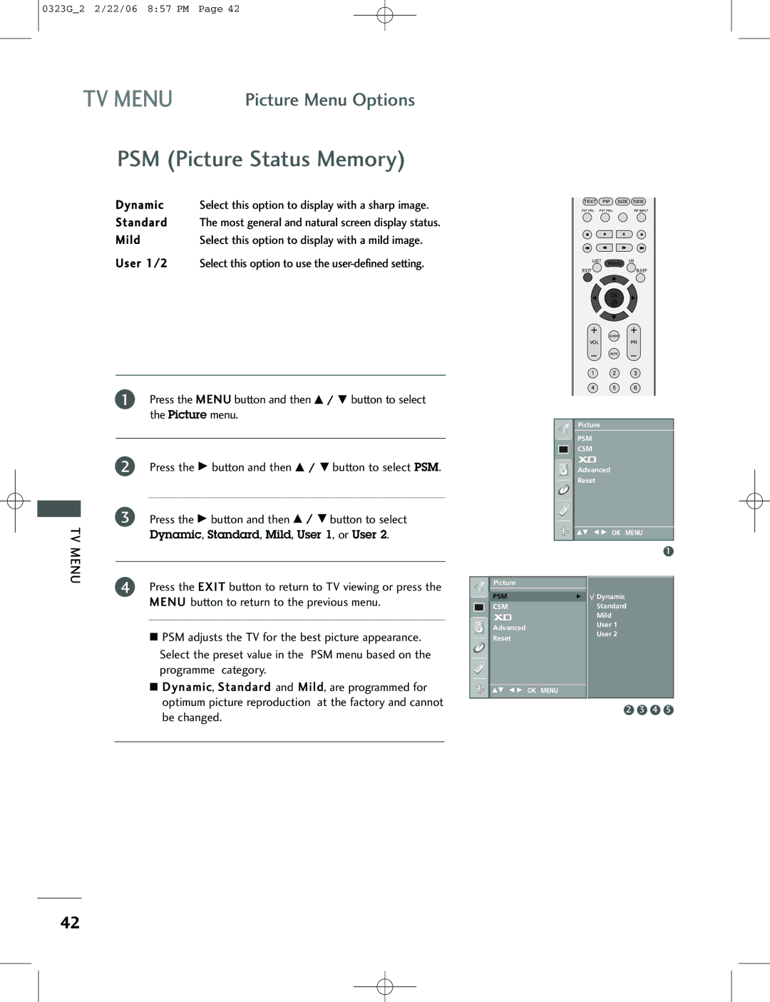 LG Electronics 42PC3RV, 26LC2R, 42PC1RV owner manual PSM Picture Status Memory 