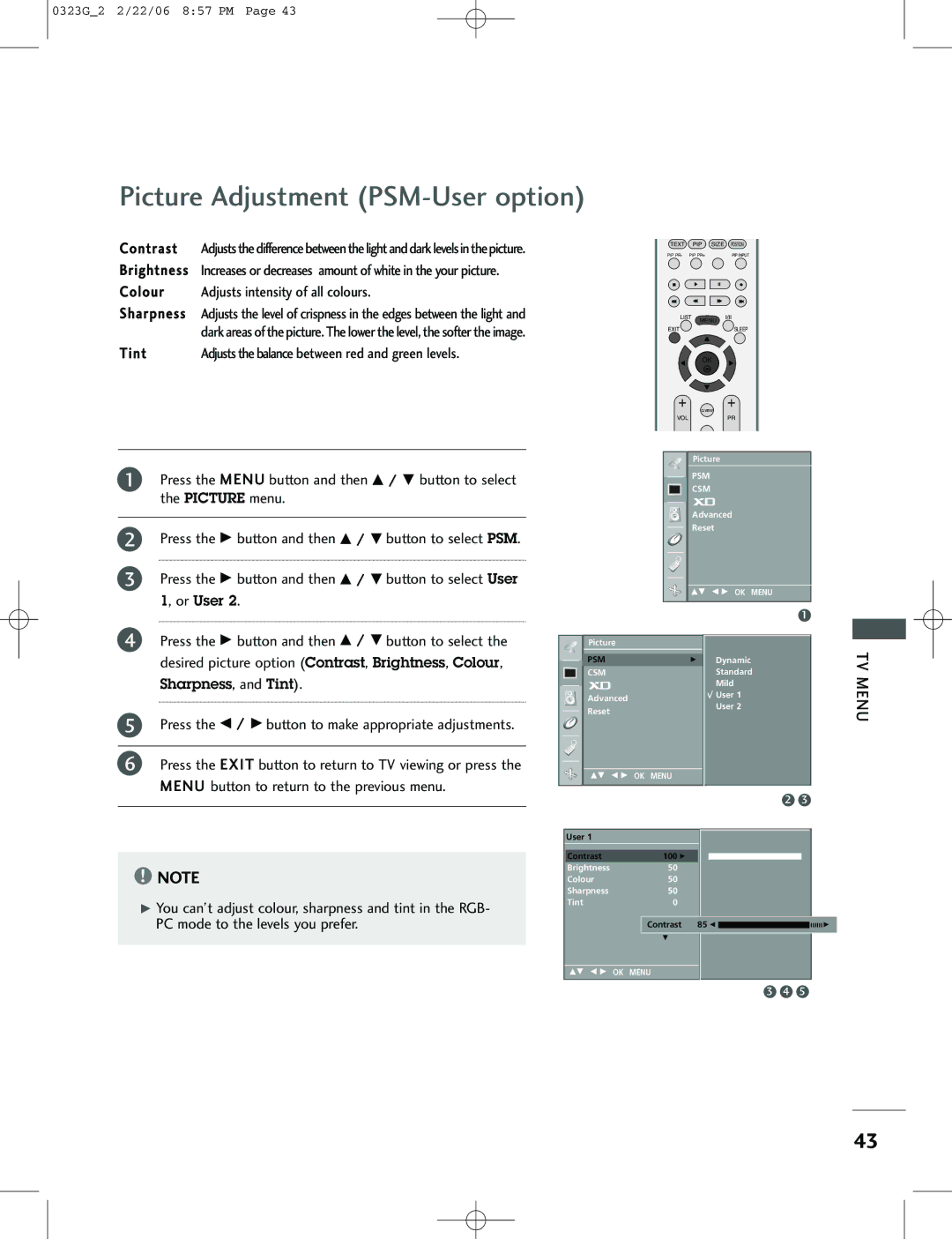 LG Electronics 26LC2R, 42PC1RV, 42PC3RV owner manual Picture Adjustment PSM-User option 