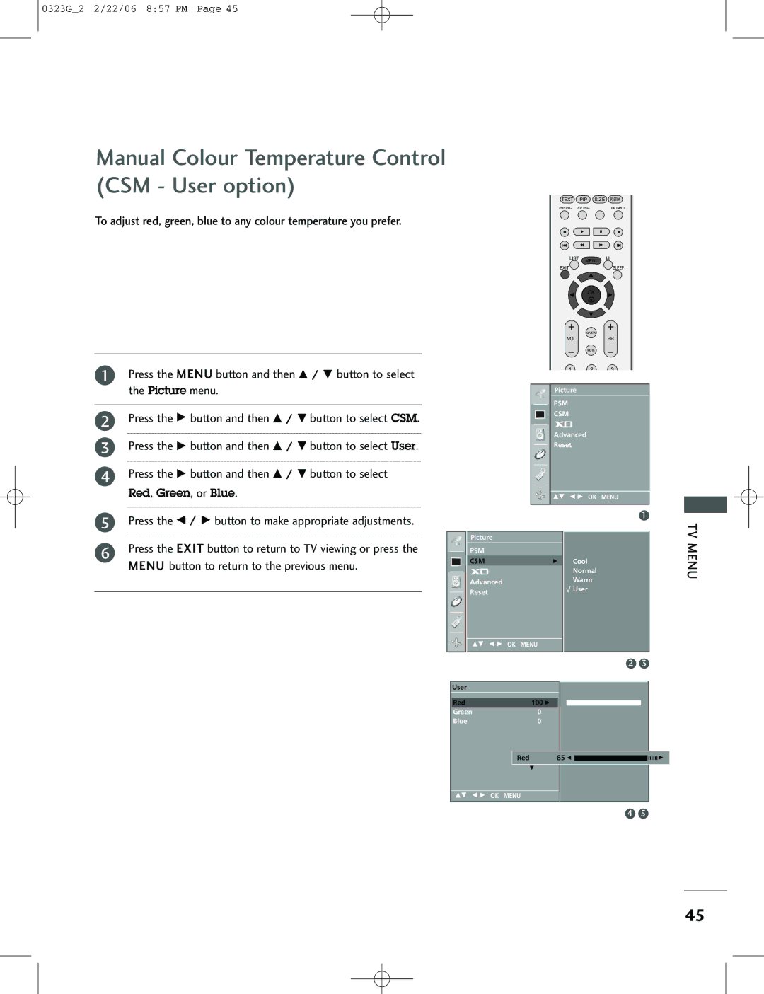 LG Electronics 42PC3RV, 26LC2R, 42PC1RV owner manual Manual Colour Temperature Control CSM User option 