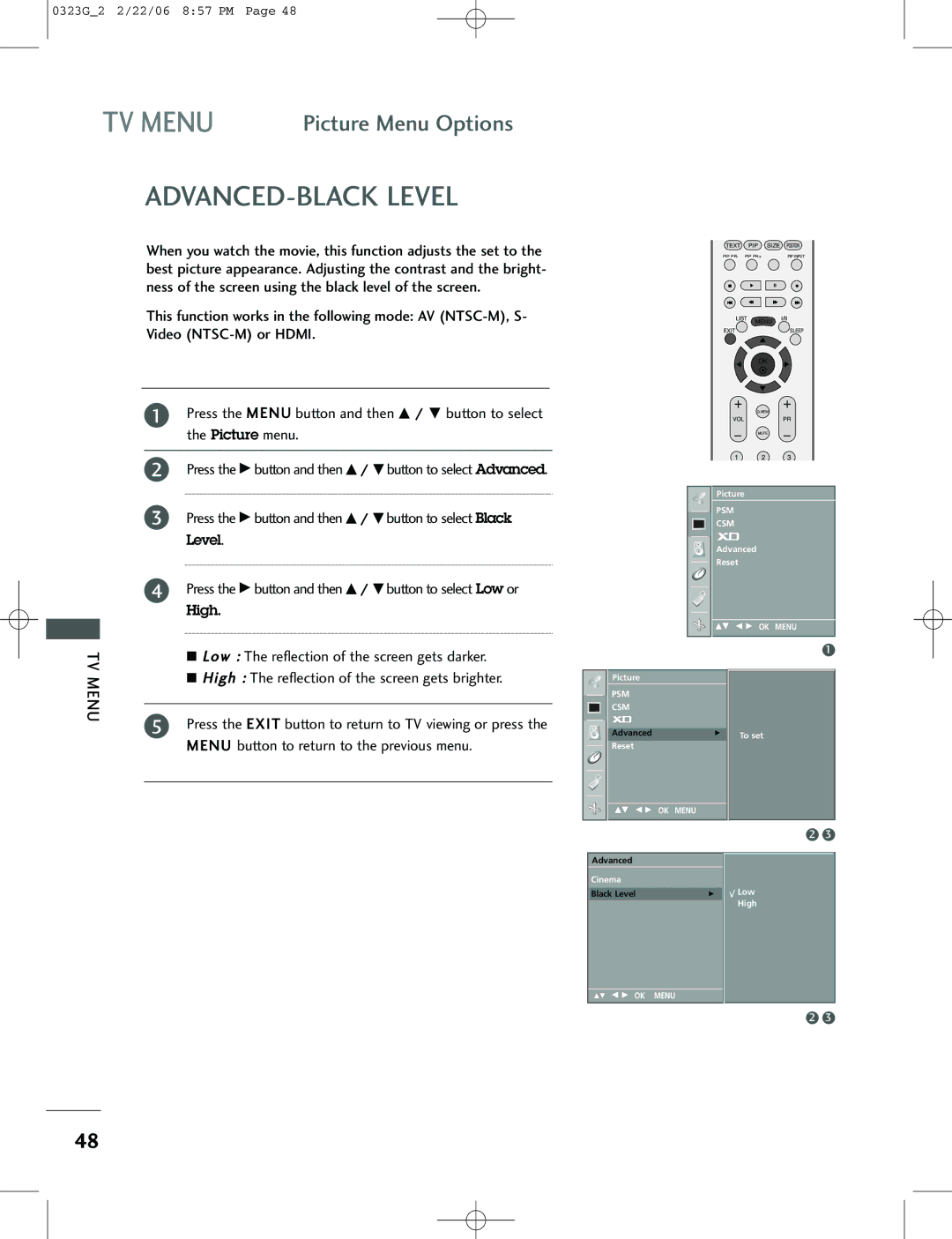 LG Electronics 42PC3RV, 26LC2R, 42PC1RV ADVANCED-BLACK Level, Press the G button and then D / E button to select Low or 