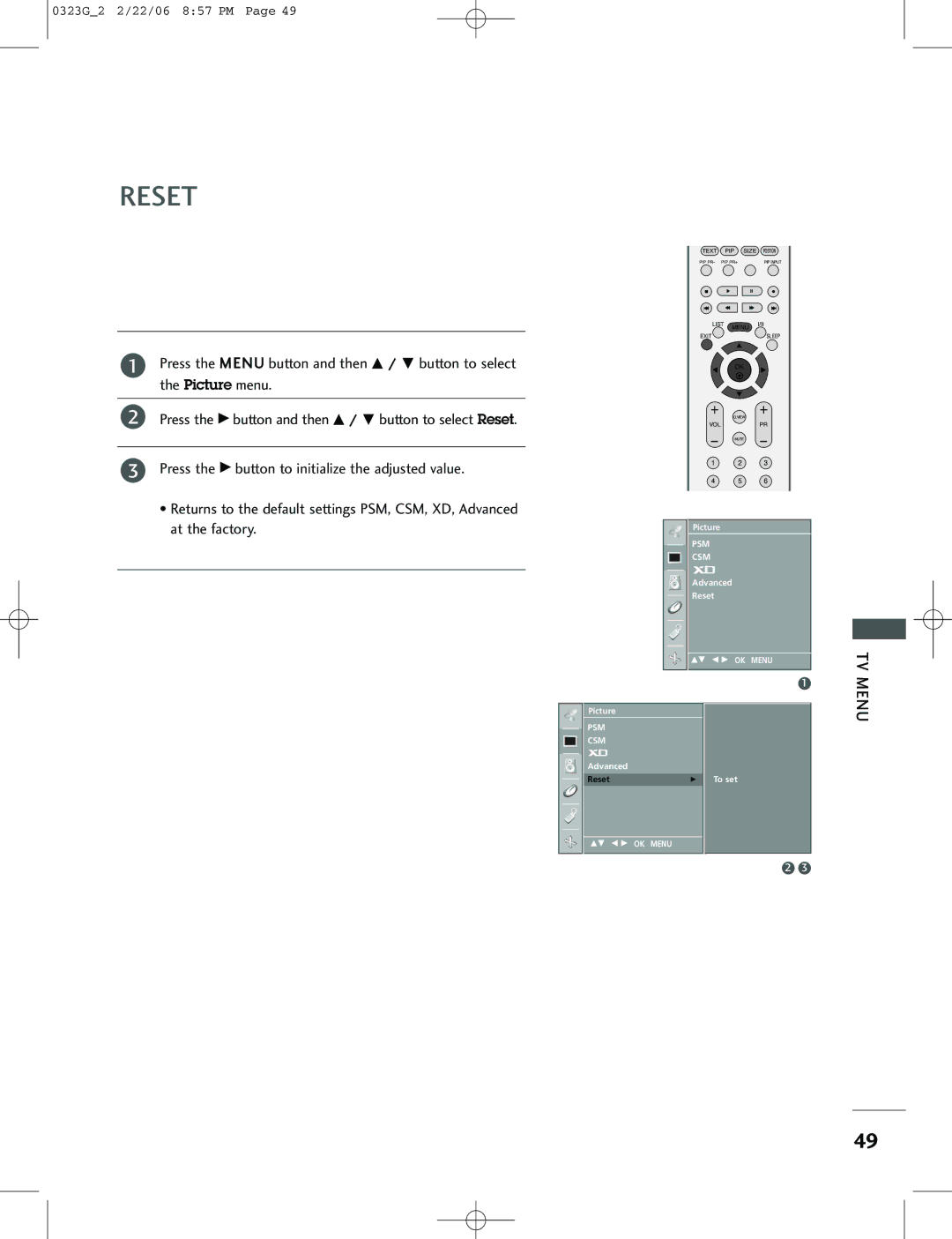 LG Electronics 26LC2R, 42PC1RV, 42PC3RV owner manual Reset 