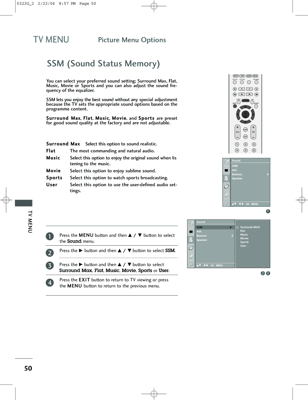 LG Electronics 42PC1RV, 26LC2R, 42PC3RV owner manual SSM Sound Status Memory, Tening to the music, Tings 