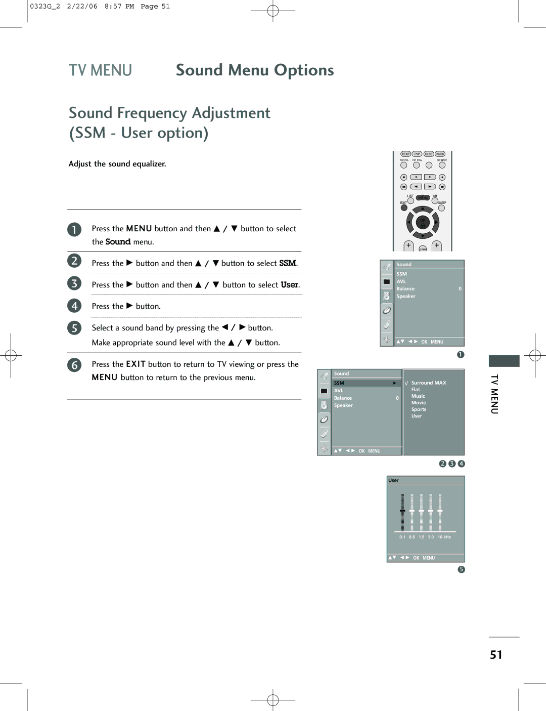 LG Electronics 42PC3RV, 26LC2R, 42PC1RV TV Menu Sound Menu Options, Press the Exit button to return to TV viewing or press 