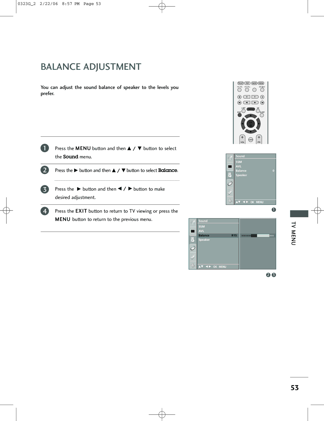 LG Electronics 42PC1RV, 26LC2R, 42PC3RV owner manual Balance Adjustment 