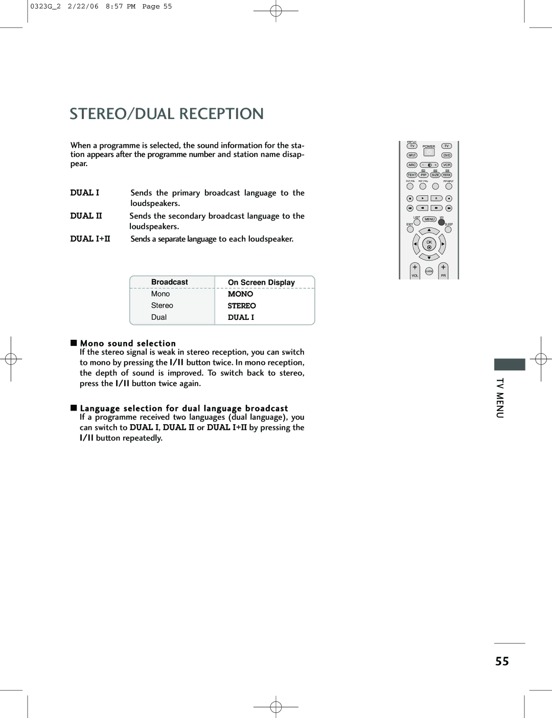 LG Electronics 26LC2R, 42PC1RV, 42PC3RV owner manual STEREO/DUAL Reception 