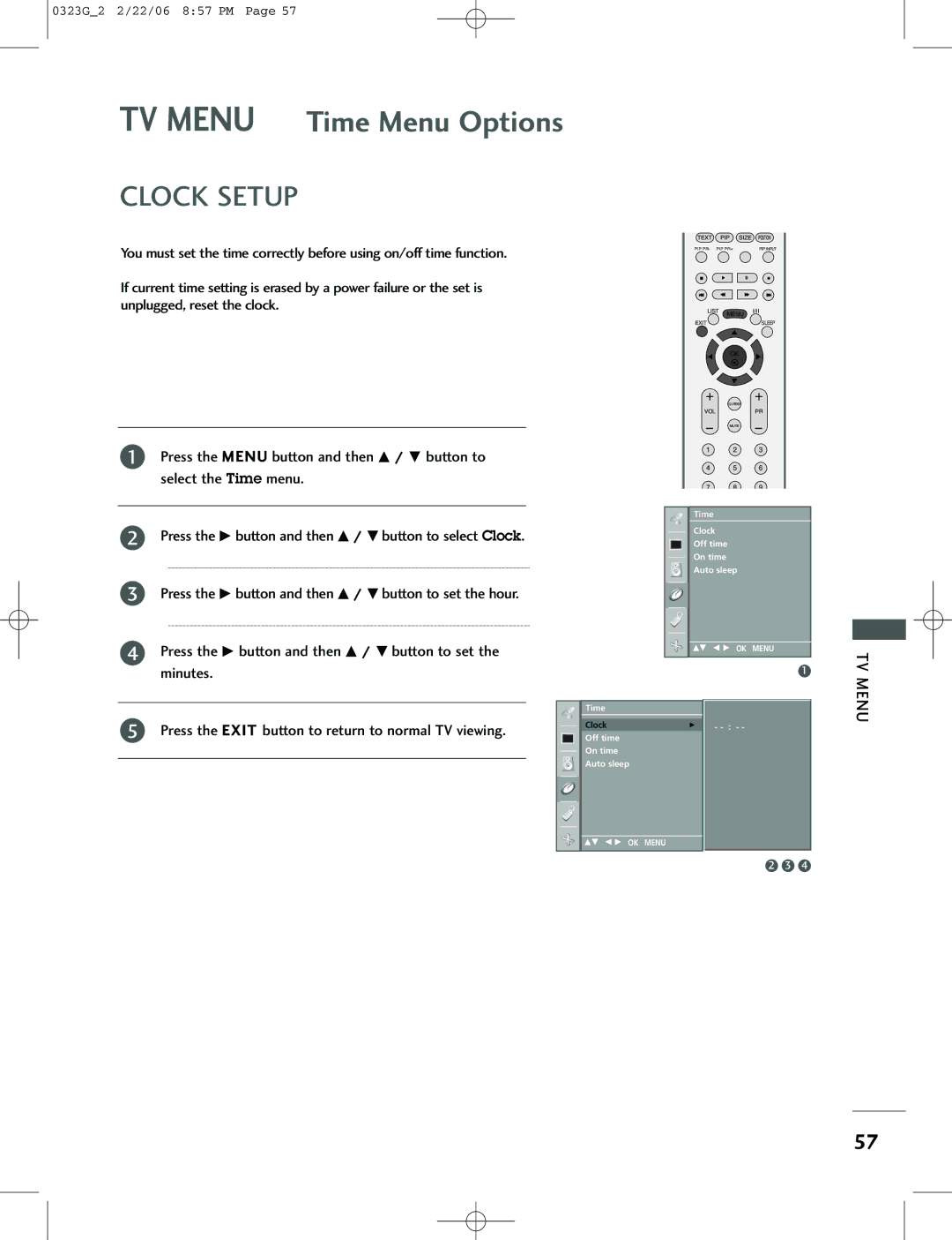 LG Electronics 42PC3RV, 26LC2R, 42PC1RV owner manual TV Menu Time Menu Options, Clock Setup 