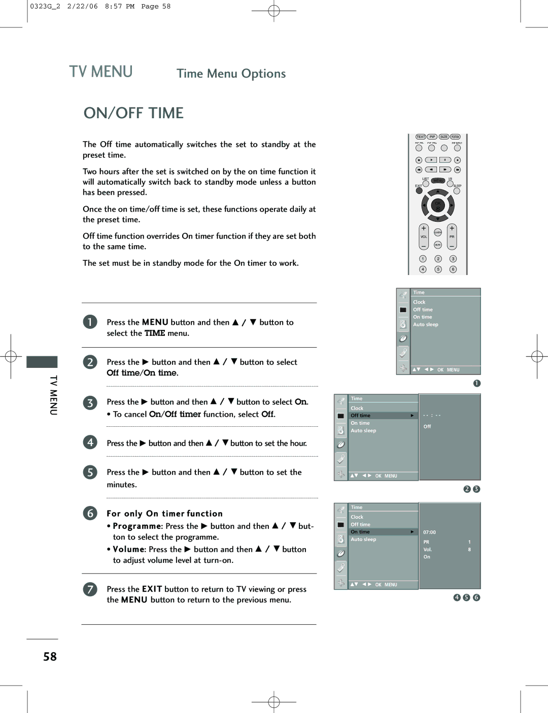 LG Electronics 26LC2R, 42PC1RV, 42PC3RV owner manual ON/OFF Time, Press the G button and then D / E button to select On 