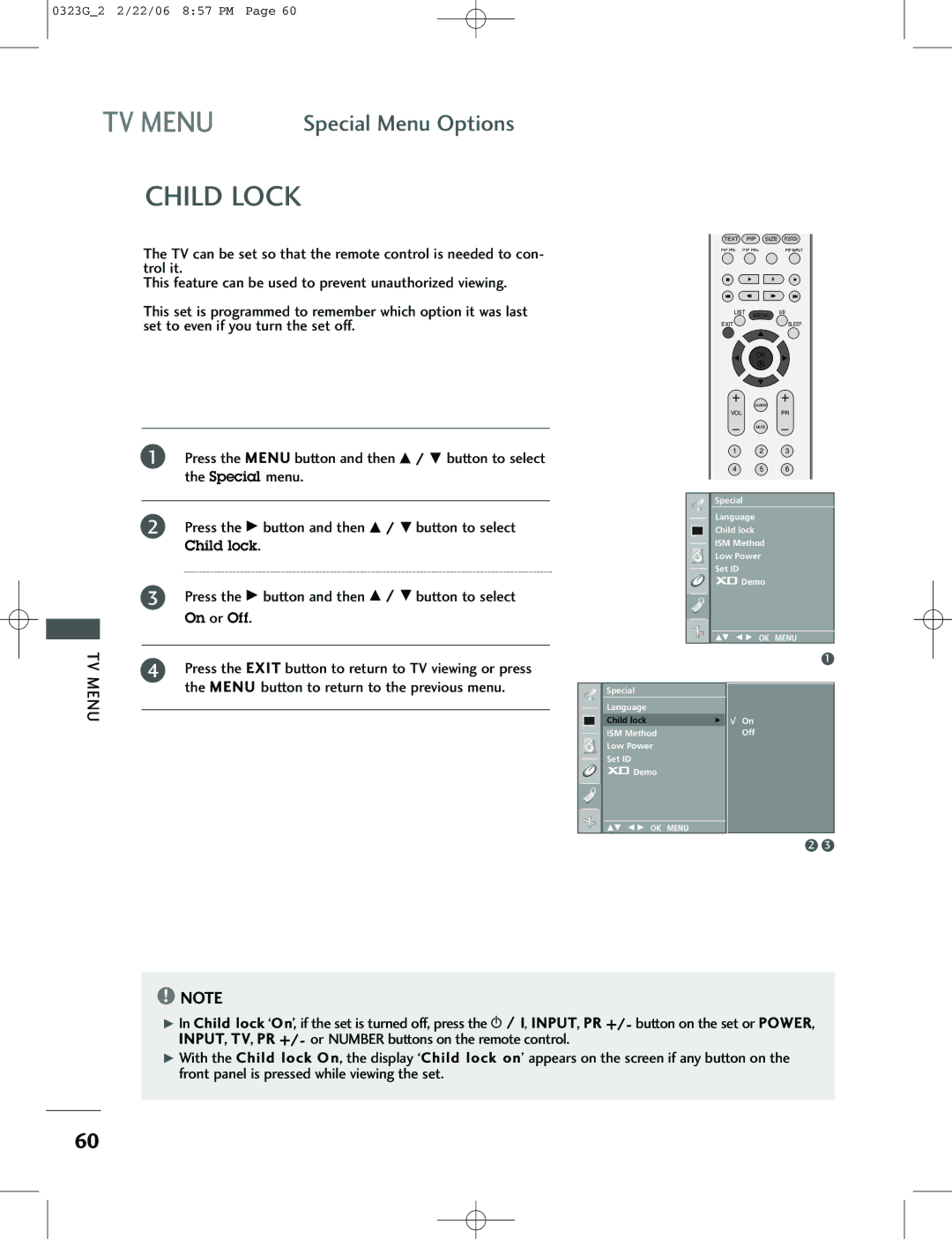 LG Electronics 42PC3RV, 26LC2R, 42PC1RV owner manual Child Lock, Menu button to return to the previous menu 