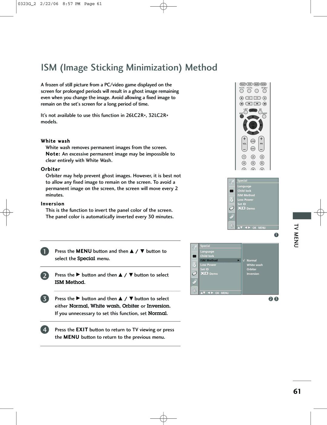 LG Electronics 26LC2R, 42PC1RV, 42PC3RV owner manual ISM Image Sticking Minimization Method, Low Power Set ID Demo 