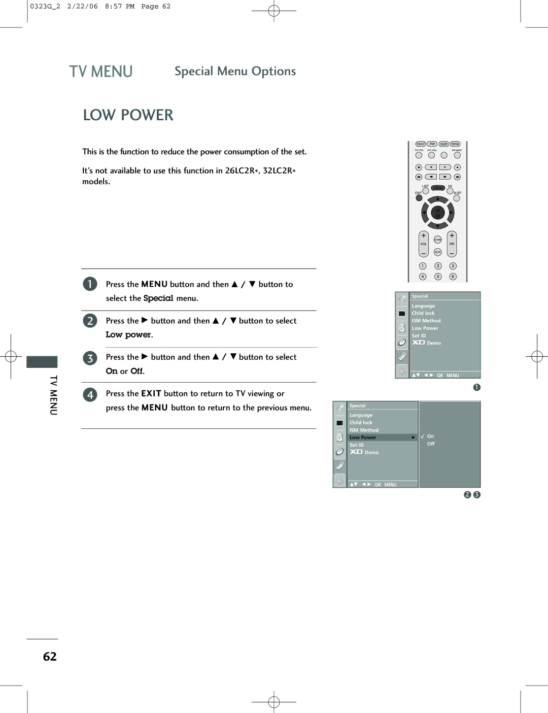 LG Electronics 42PC1RV, 26LC2R, 42PC3RV owner manual LOW Power, Press the Menu button to return to the previous menu 