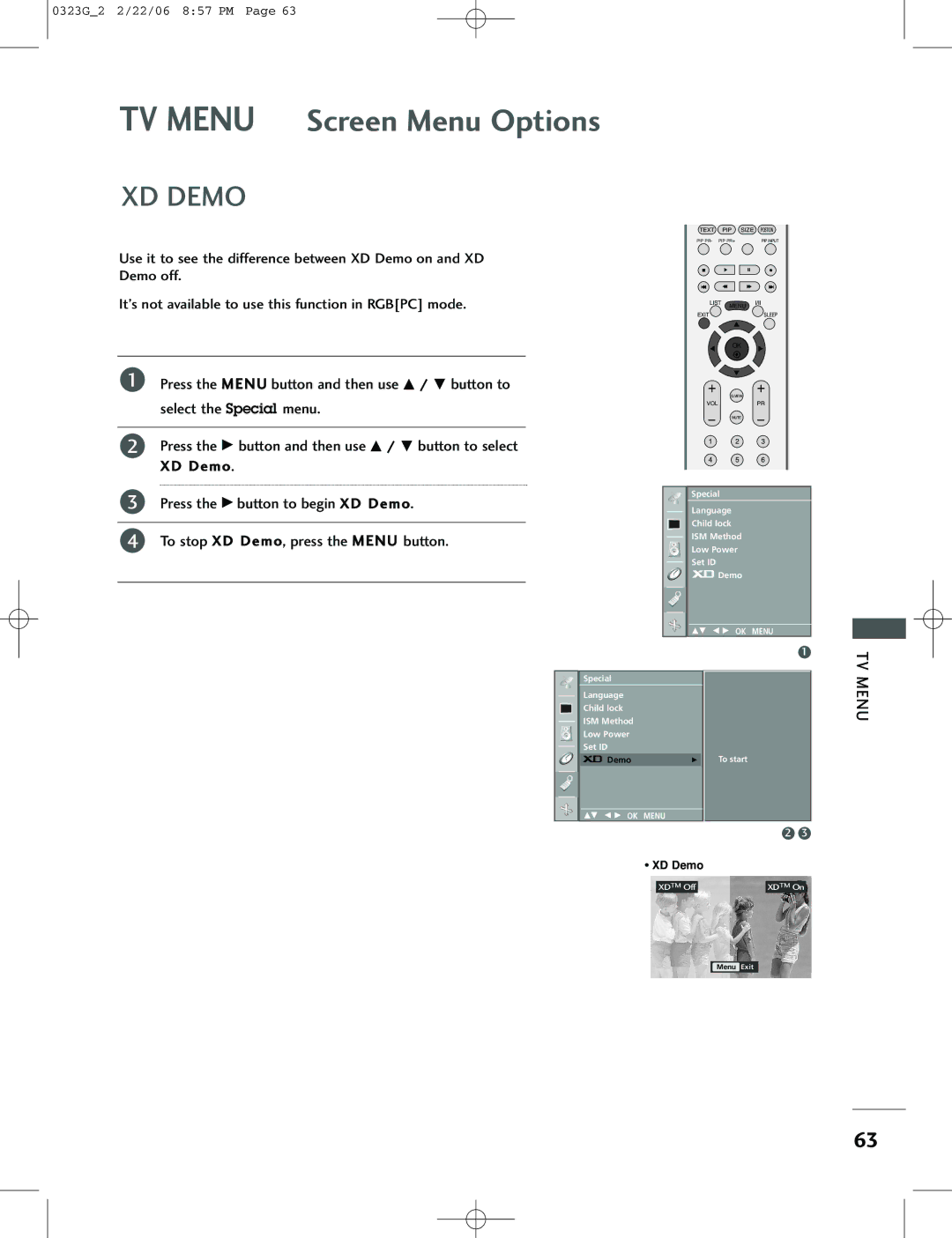 LG Electronics 42PC3RV, 26LC2R, 42PC1RV owner manual TV Menu Screen Menu Options, XD Demo 