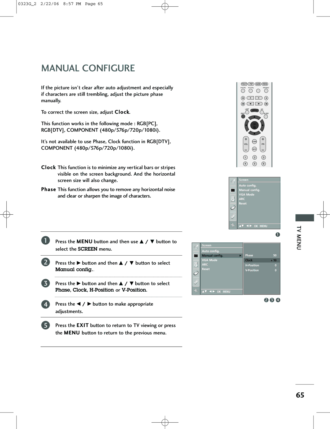 LG Electronics 42PC1RV, 26LC2R, 42PC3RV owner manual Manual Configure, Press the G button and then D / E button to select 