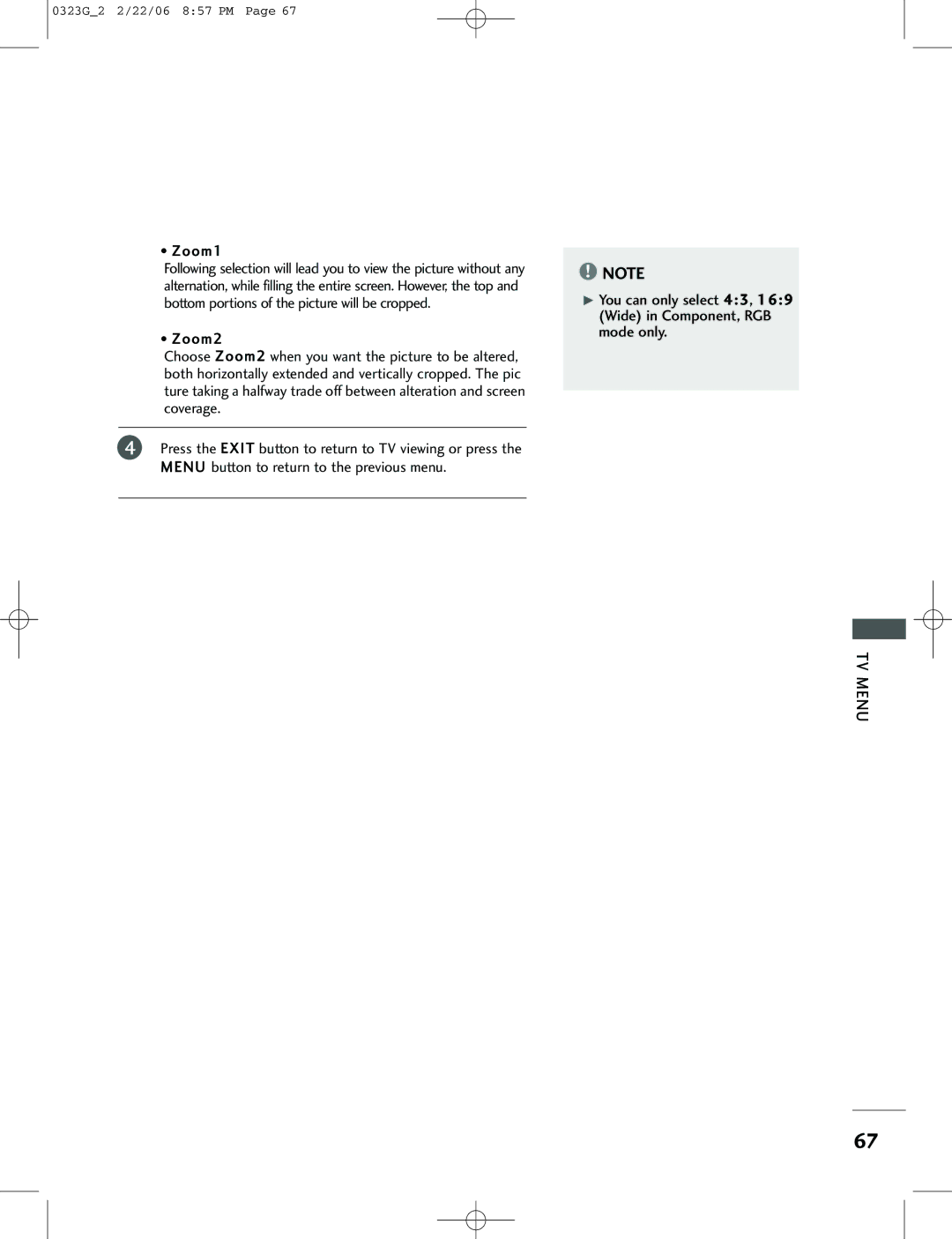 LG Electronics 26LC2R, 42PC1RV, 42PC3RV owner manual Zoom1, You can only select 43, 169 Wide in Component, RGB mode only 