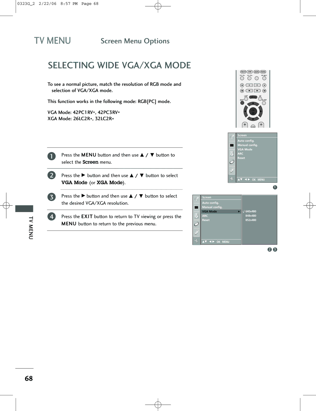 LG Electronics 42PC1RV, 26LC2R, 42PC3RV owner manual Selecting Wide VGA/XGA Mode, Desired VGA/XGA resolution 