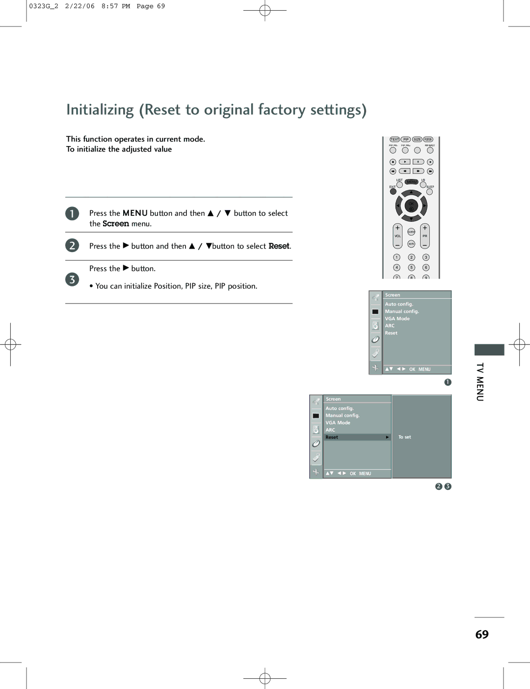 LG Electronics 42PC3RV, 26LC2R, 42PC1RV owner manual Initializing Reset to original factory settings 