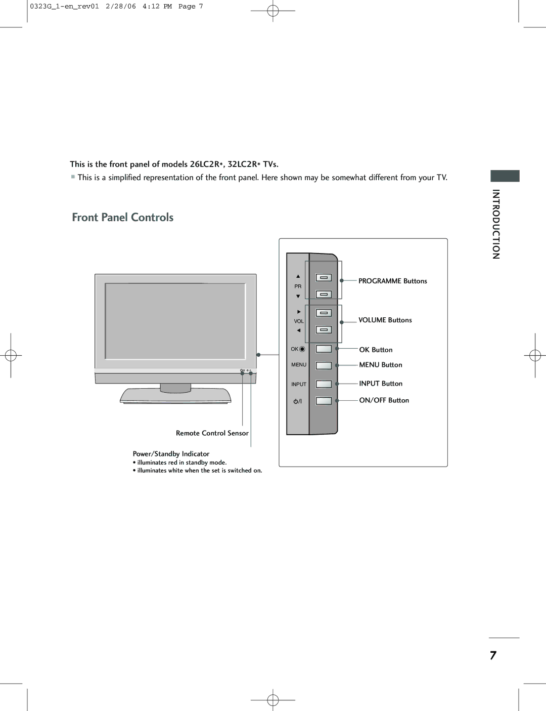 LG Electronics 26LC2R, 42PC1RV, 42PC3RV owner manual Remote Control Sensor Power/Standby Indicator 