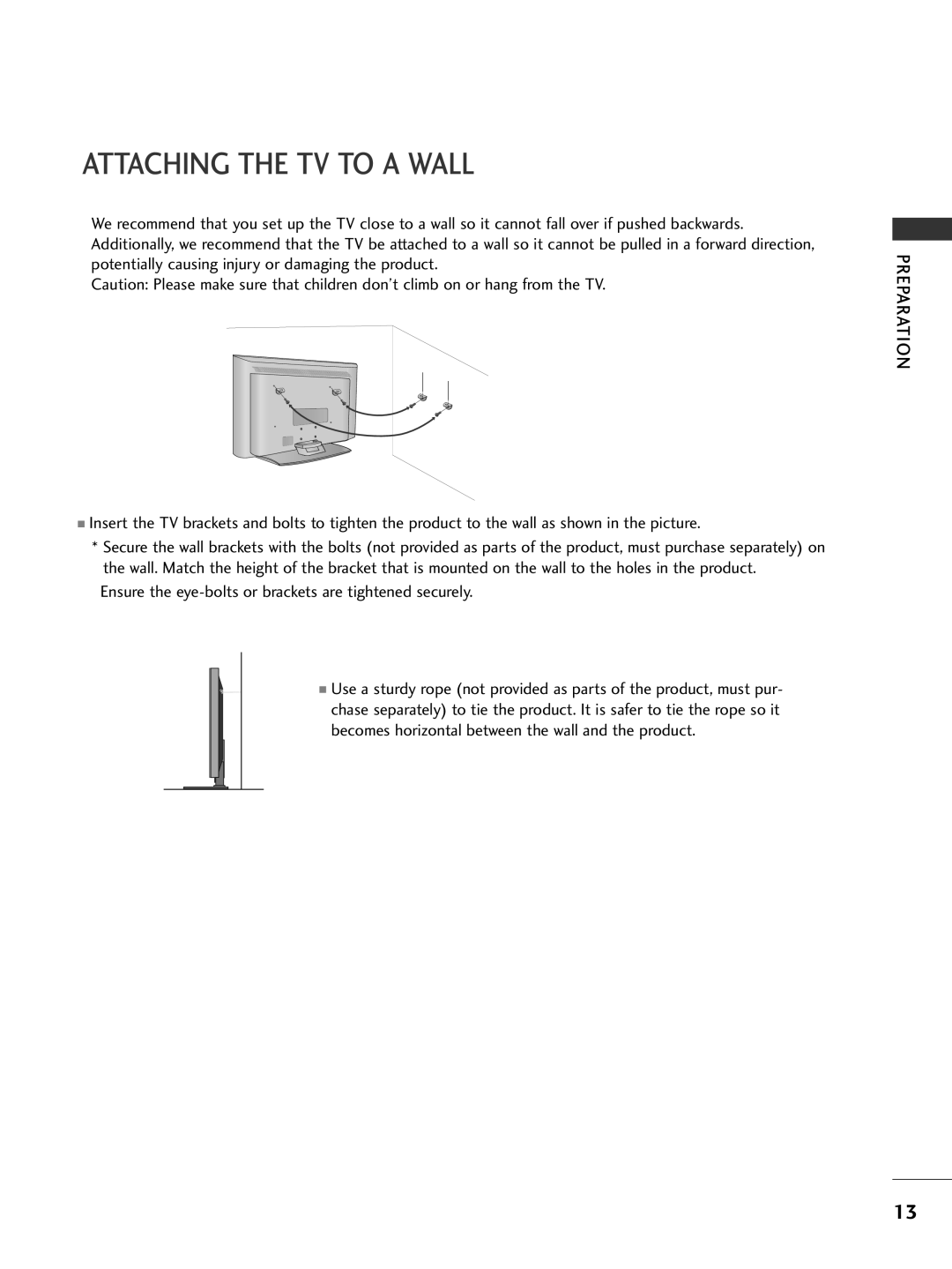 LG Electronics 26LC7D owner manual Attaching the TV to a Wall, Ensure the eye-bolts or brackets are tightened securely 