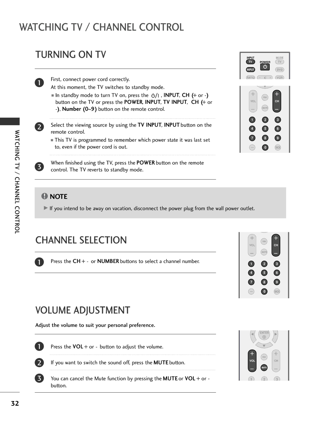 LG Electronics 26LC7D owner manual Turning on TV, Channel Selection, Volume Adjustment 