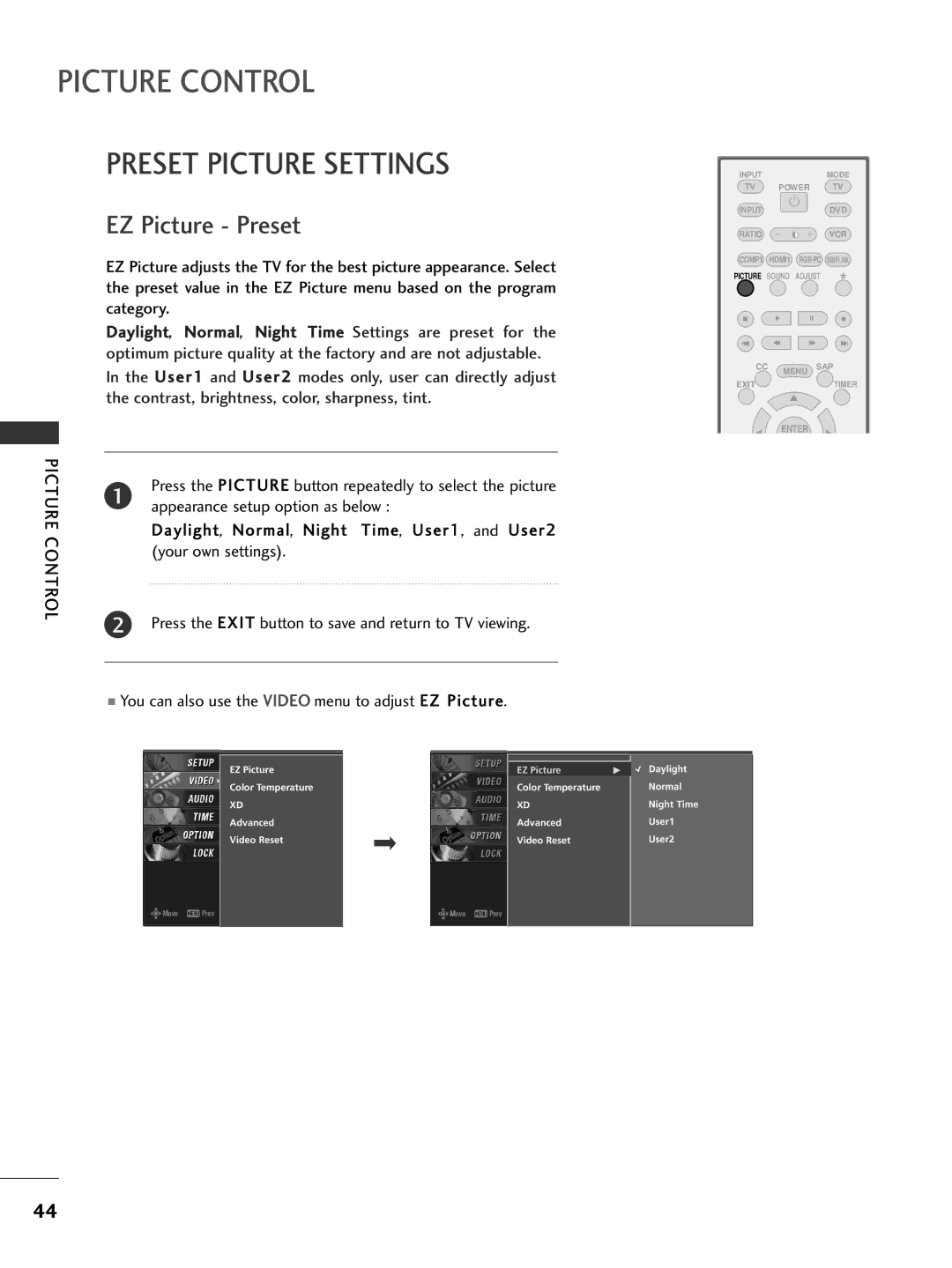 LG Electronics 26LC7D owner manual Preset Picture Settings, Picture Control 