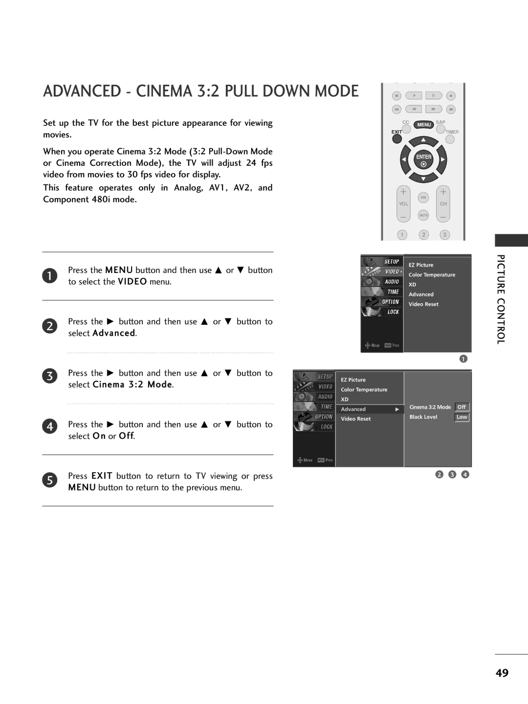 LG Electronics 26LC7D owner manual Advanced Cinema 32 Pull Down Mode 