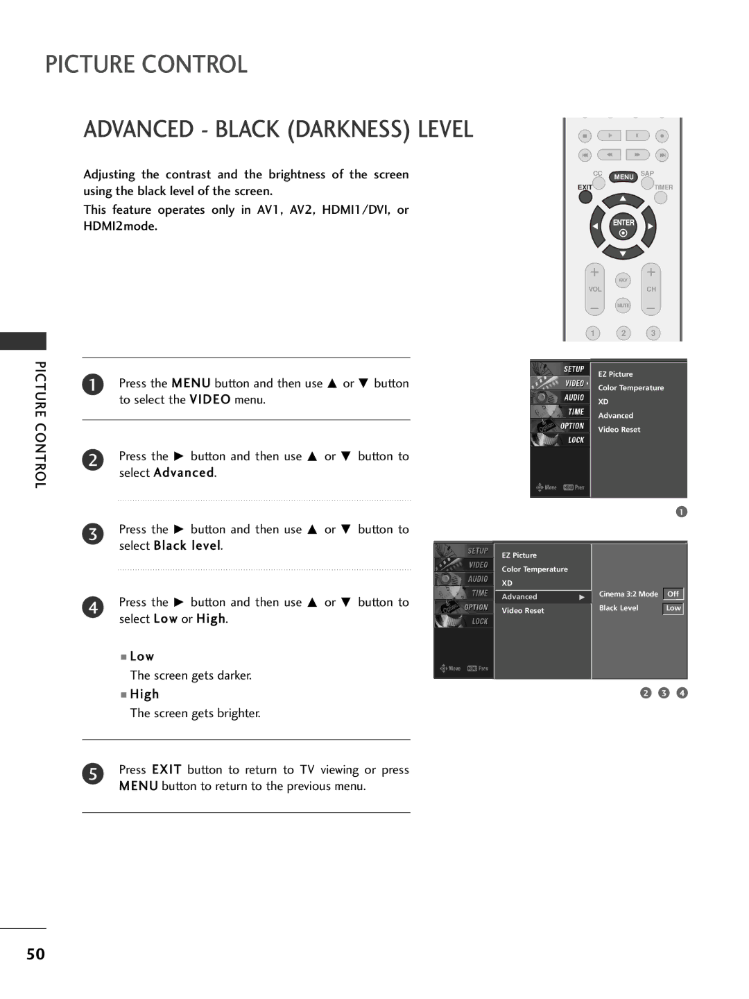 LG Electronics 26LC7D owner manual Advanced Black Darkness Level 