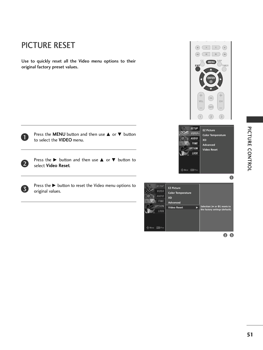 LG Electronics 26LC7D owner manual Picture Reset, Select Video Reset 