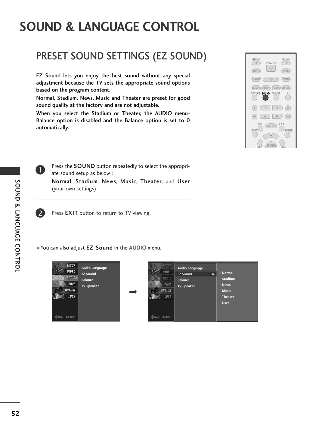 LG Electronics 26LC7D owner manual Sound & Language Control, Preset Sound Settings EZ Sound 