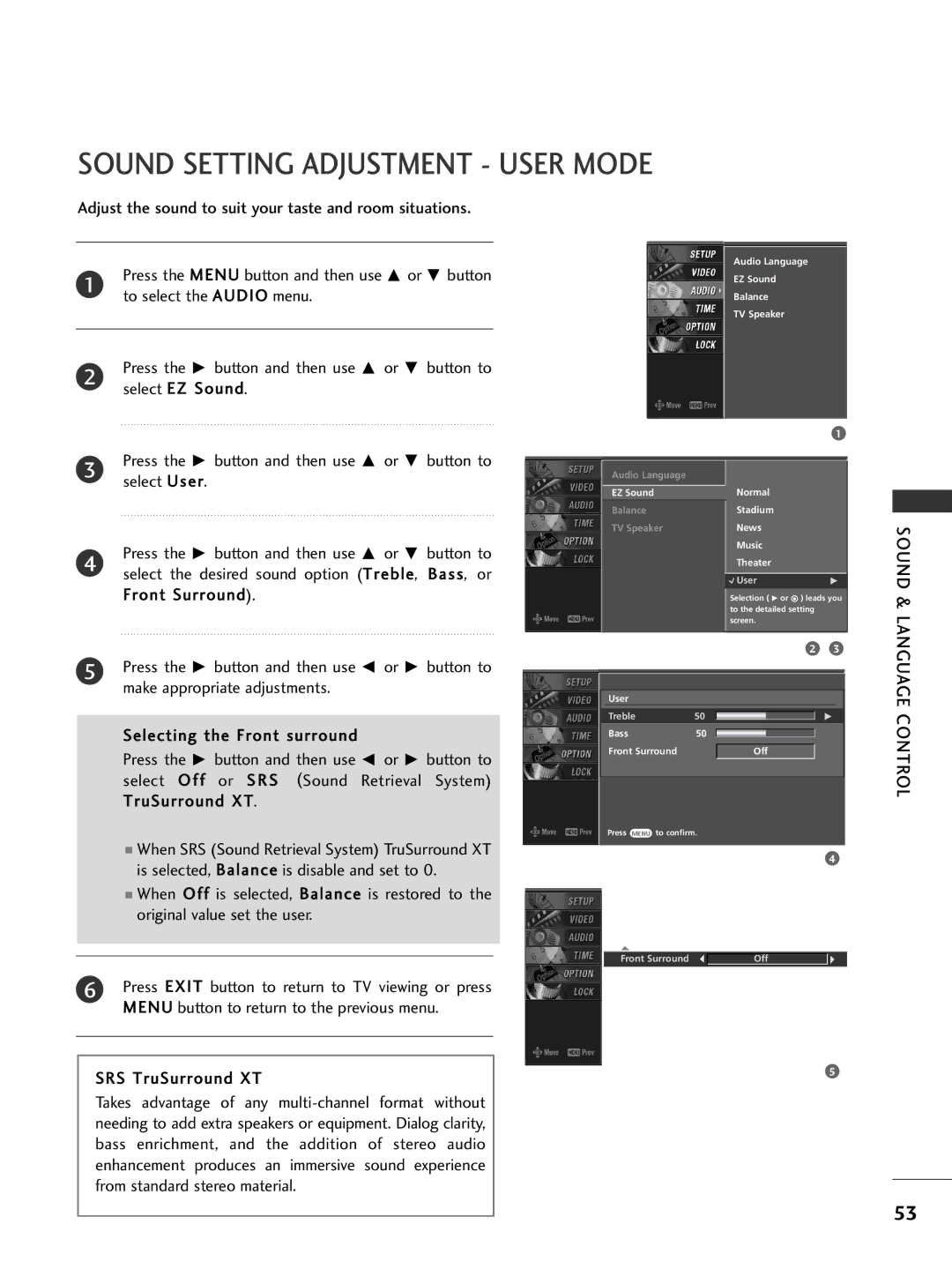 LG Electronics 26LC7D owner manual Sound, Language Control 