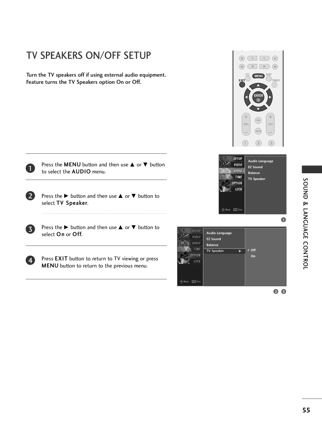 LG Electronics 26LC7D owner manual TV Speakers ON/OFF Setup, Sound & Language Control 