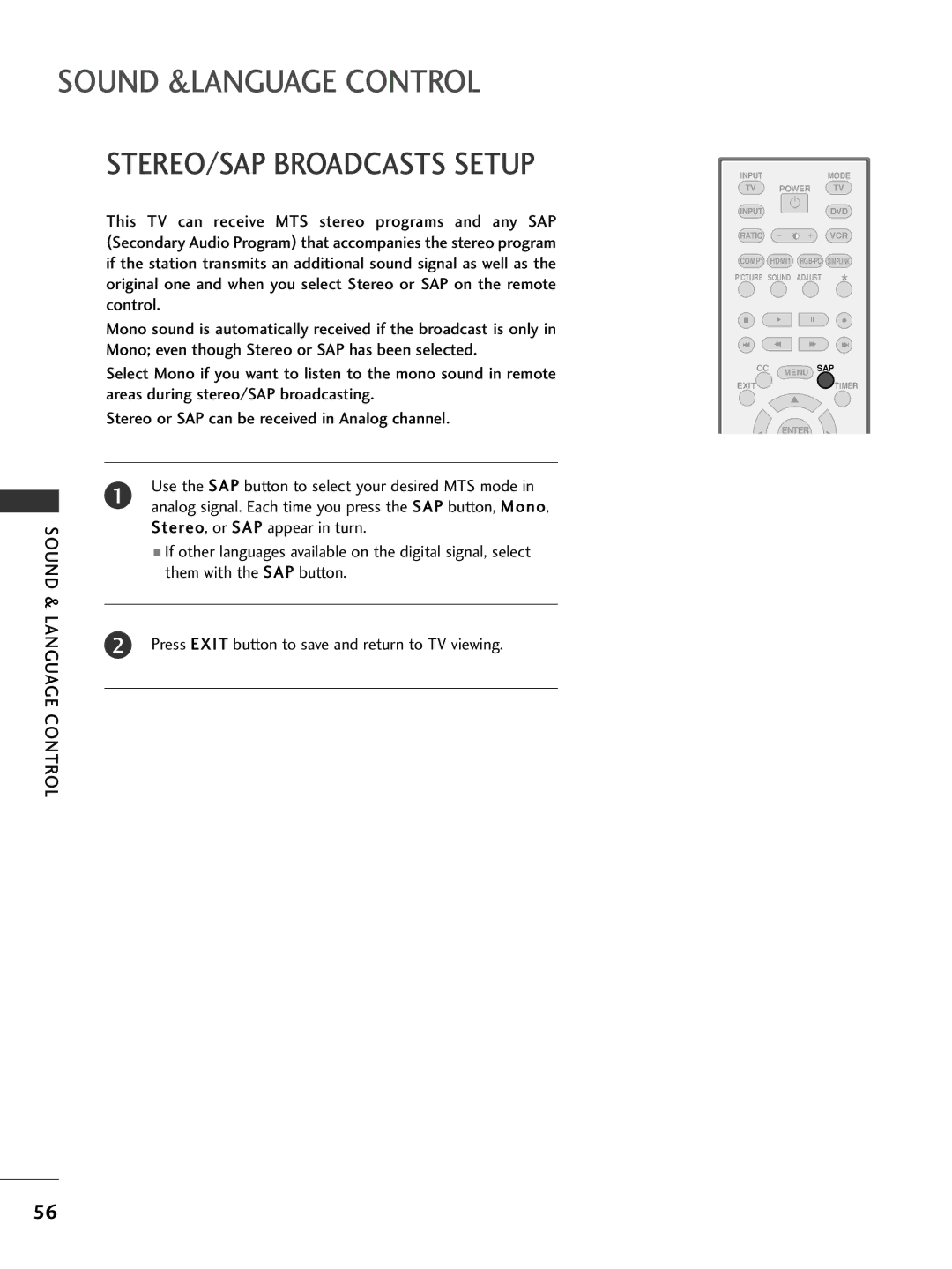 LG Electronics 26LC7D owner manual STEREO/SAP Broadcasts Setup, Stereo, or SAP appear in turn, Them with the SAP button 