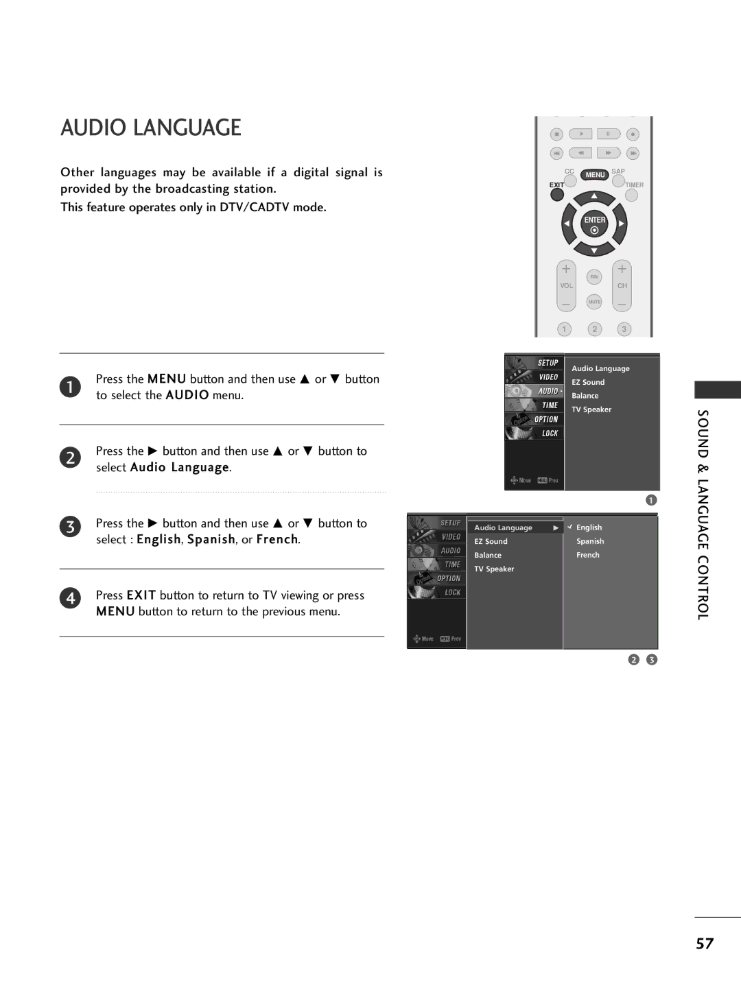 LG Electronics 26LC7D owner manual Audio Language 