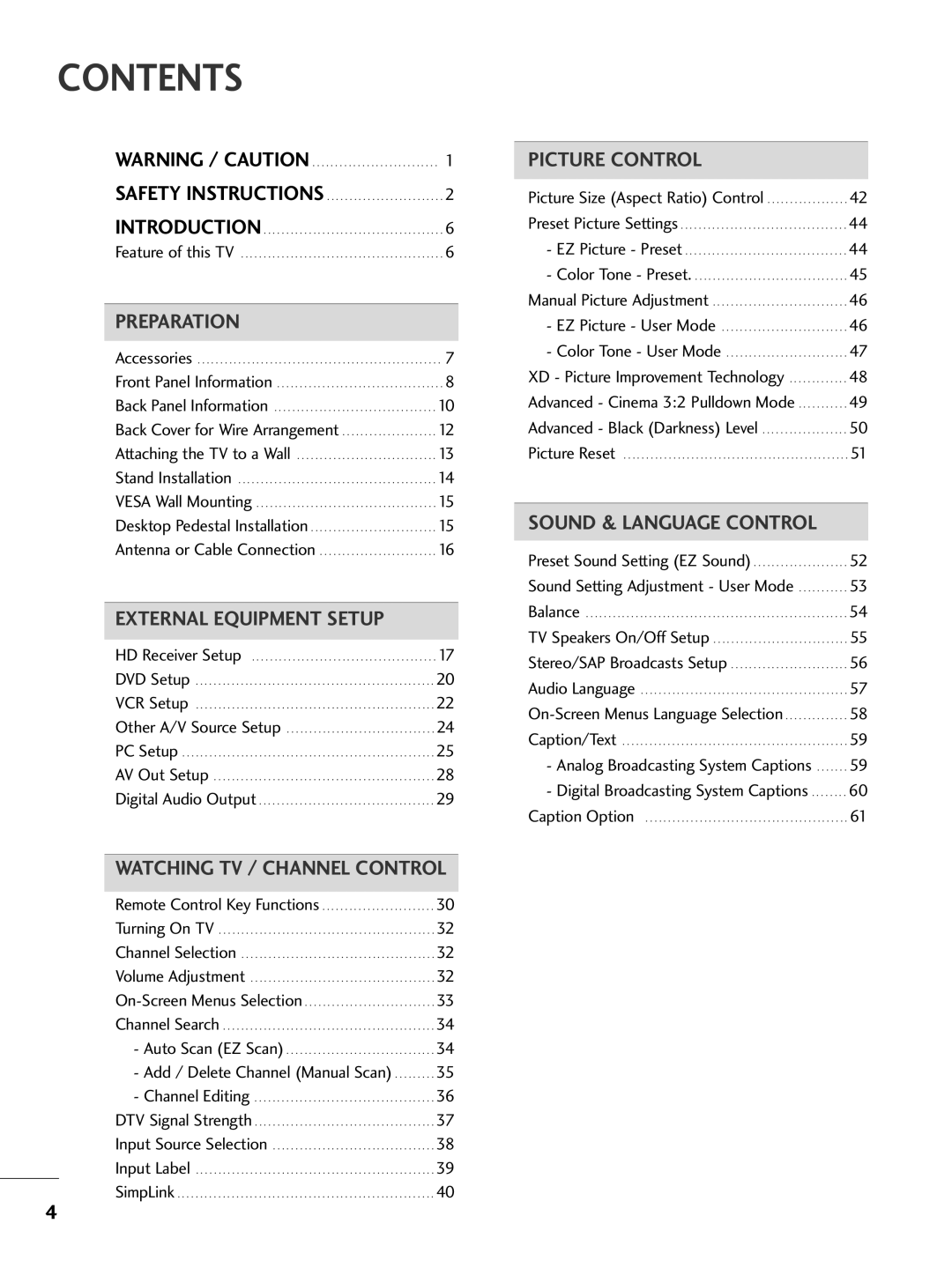 LG Electronics 26LC7D owner manual Contents 