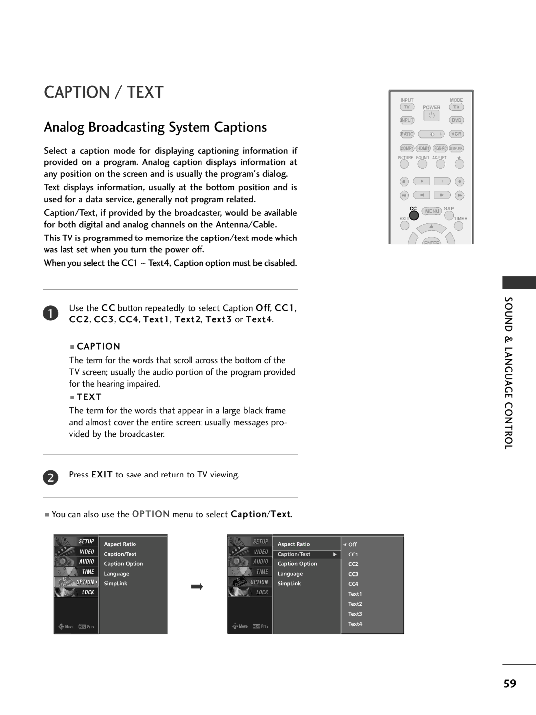 LG Electronics 26LC7D owner manual Caption / Text, Analog Broadcasting System Captions 