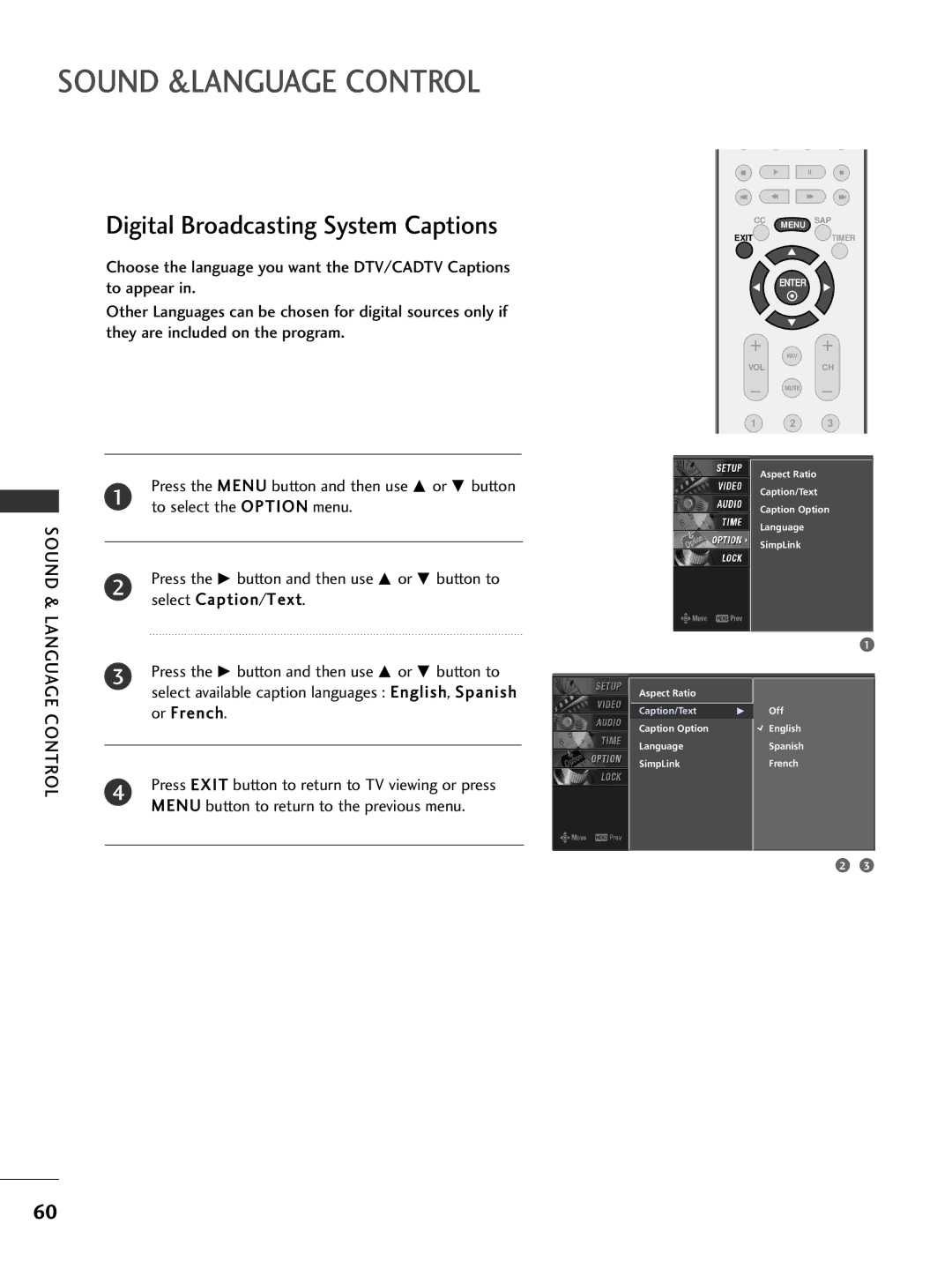 LG Electronics 26LC7D Digital Broadcasting System Captions, To select the Option menu, Select Caption/Text, Or French 