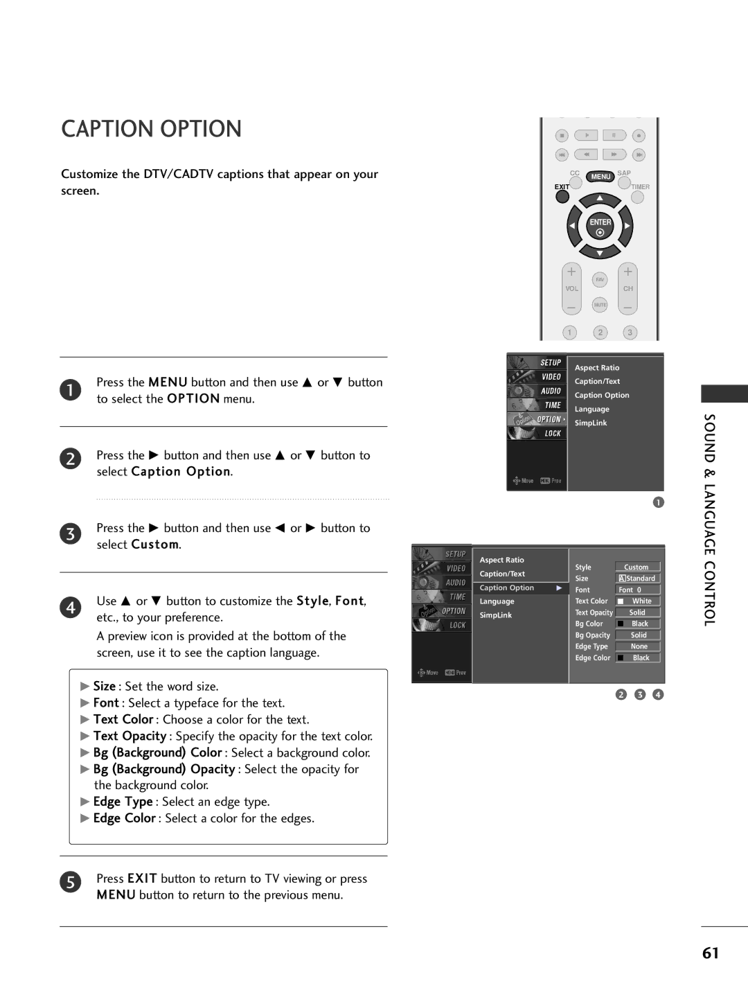 LG Electronics 26LC7D Caption Option, Customize the DTV/CADTV captions that appear on your screen, Sound & Language 