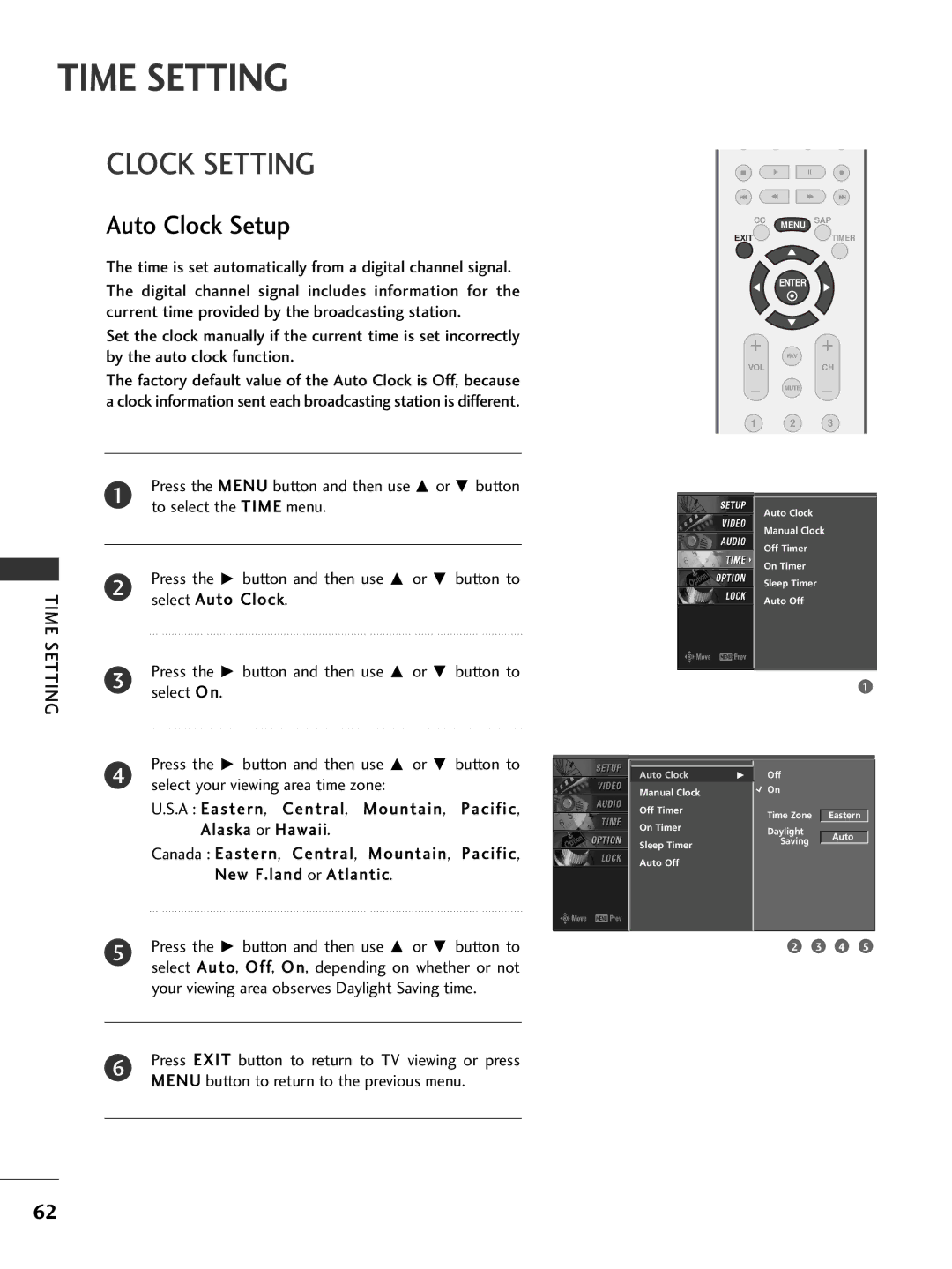 LG Electronics 26LC7D owner manual Time Setting, Clock Setting, Auto Clock Setup 