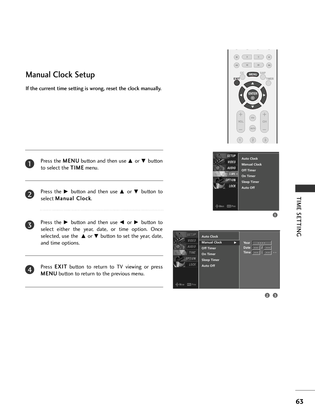 LG Electronics 26LC7D owner manual Manual Clock Setup, Time Setting 