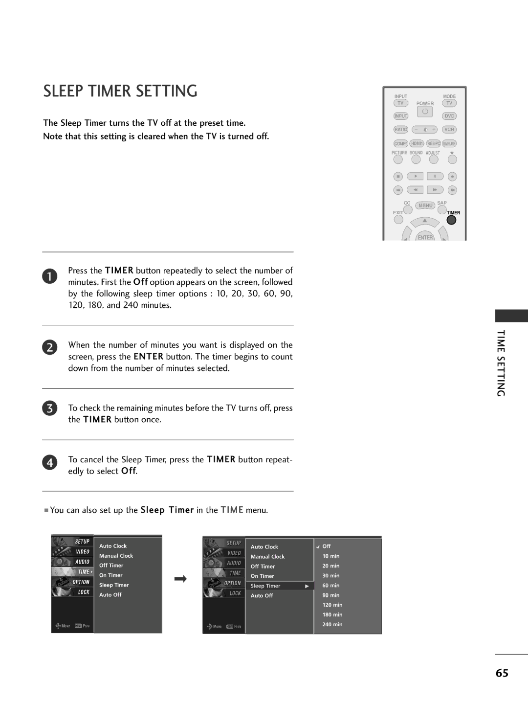 LG Electronics 26LC7D owner manual Sleep Timer Setting 