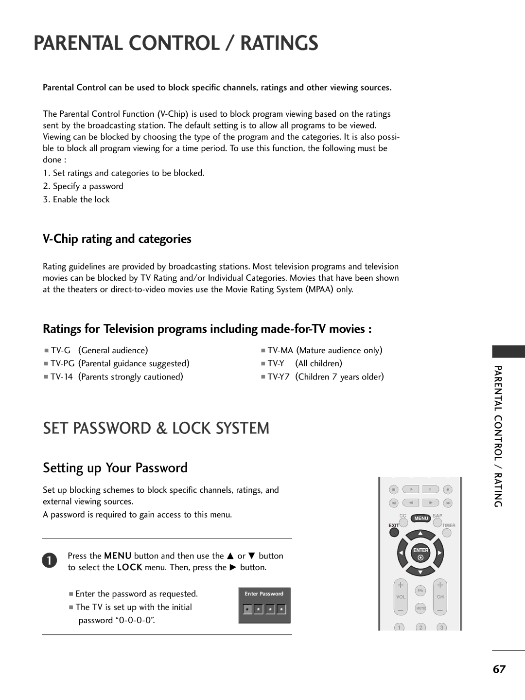 LG Electronics 26LC7D owner manual Parental Control / Ratings, SET Password & Lock System, Setting up Your Password 