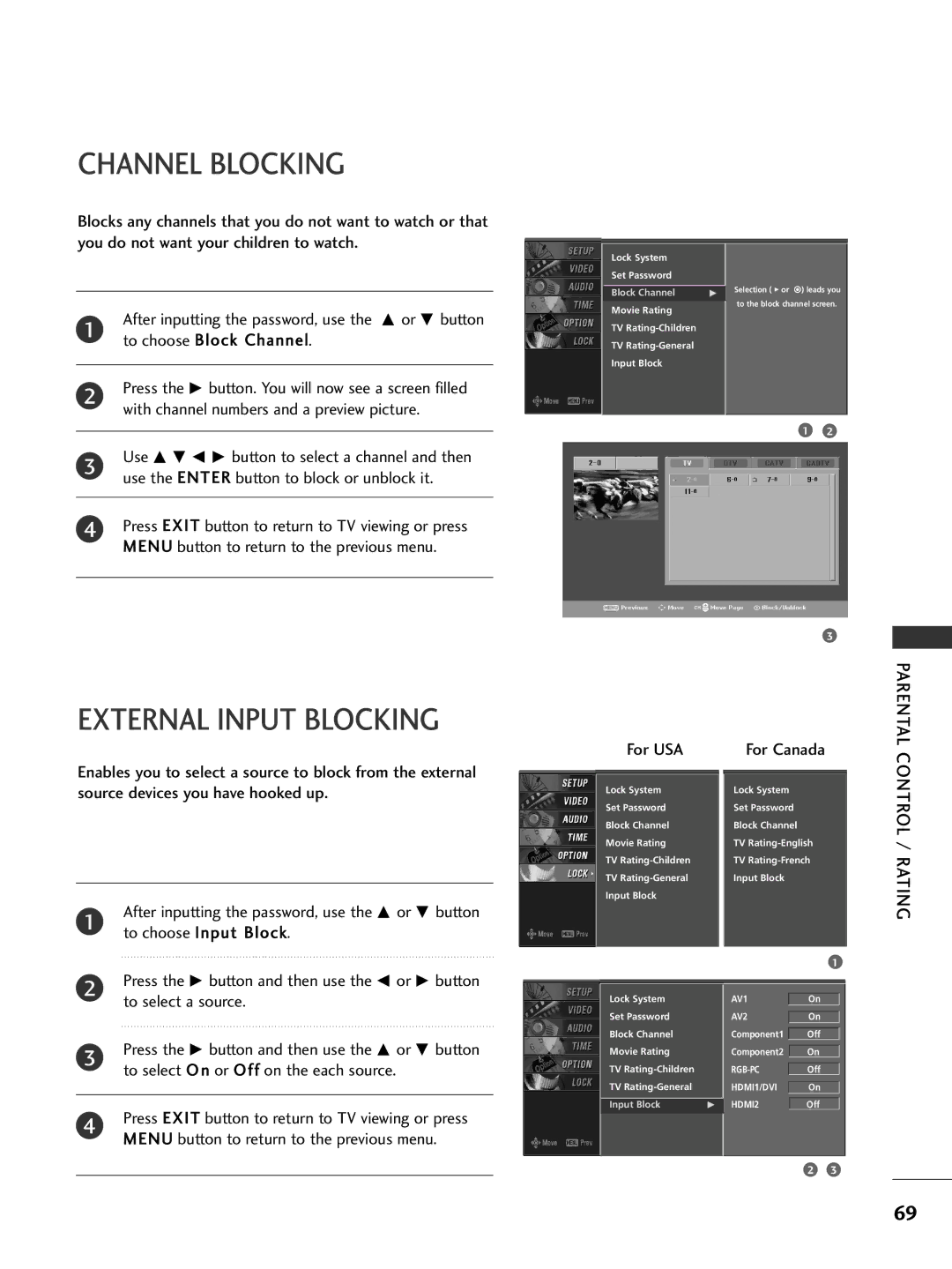 LG Electronics 26LC7D owner manual Channel Blocking, External Input Blocking, Control / Rating 