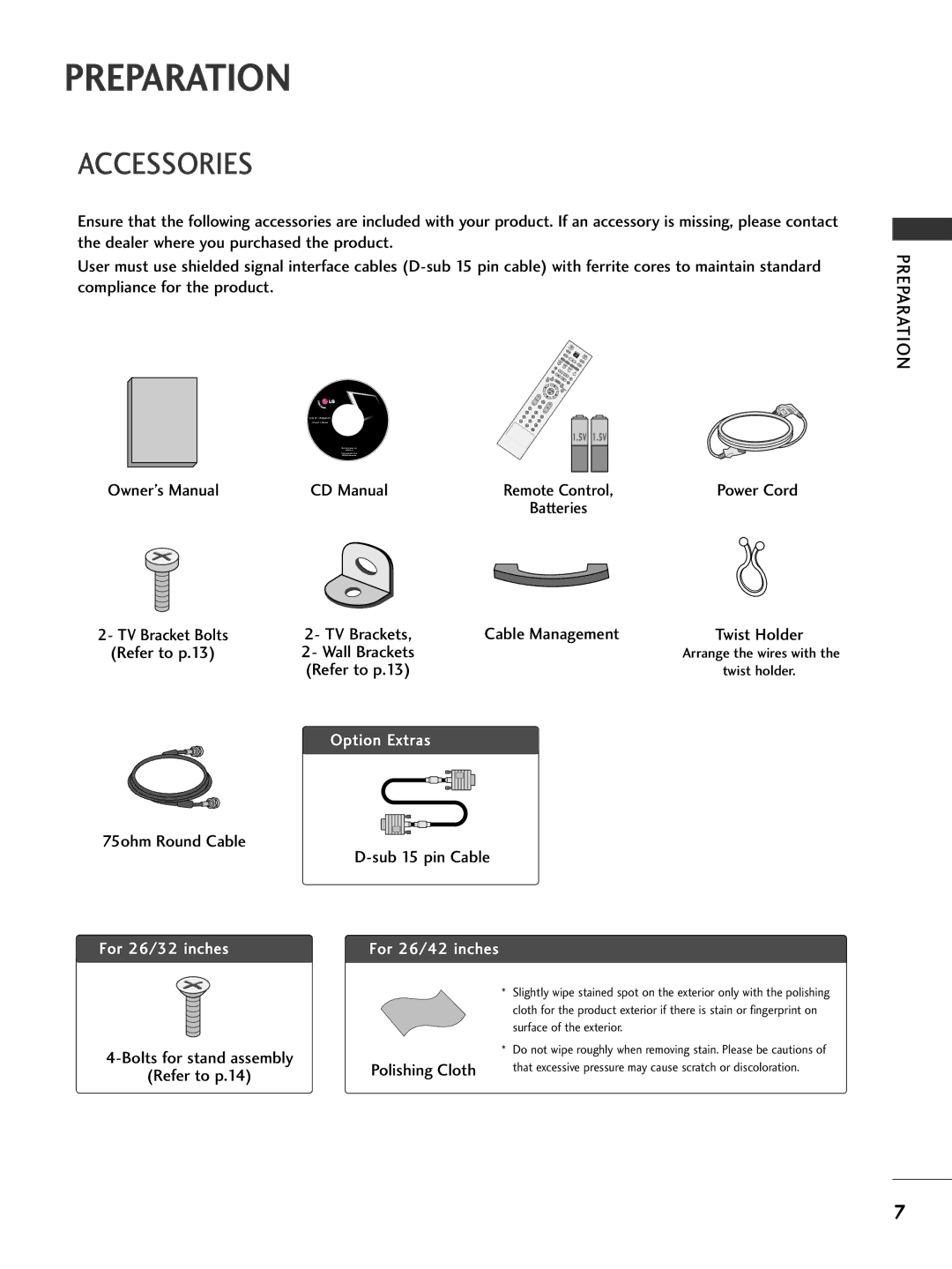 LG Electronics 26LC7D owner manual Preparation, Accessories 