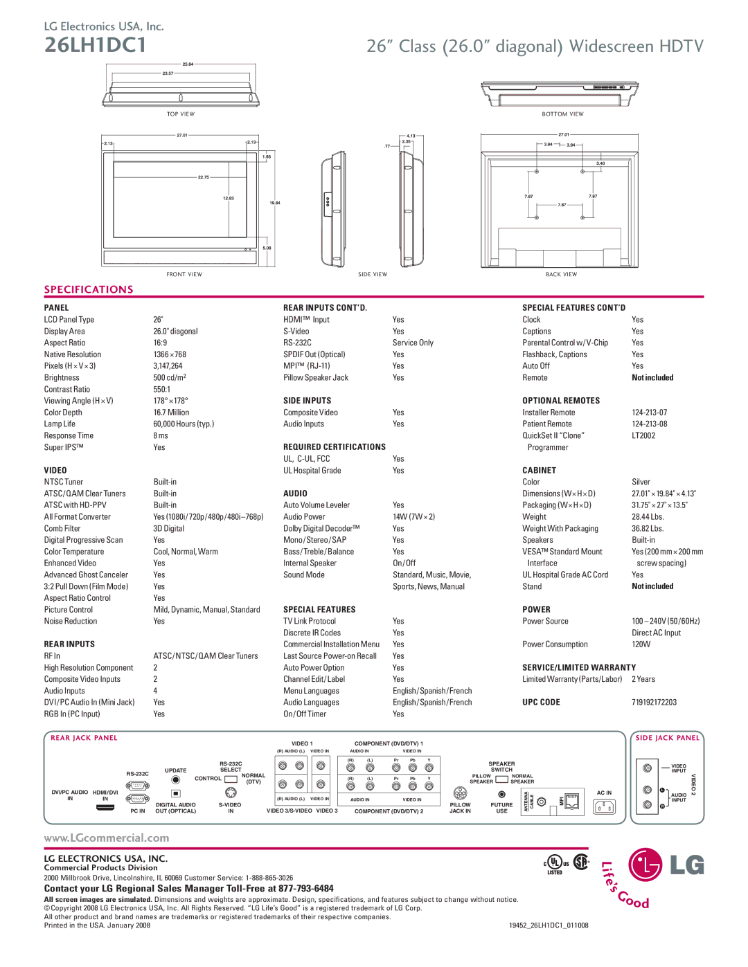 LG Electronics 26LH1DC1 warranty Panel Rear Inputs CONT’D, Side Inputs Optional Remotes, Video, Cabinet, Audio, UPC Code 