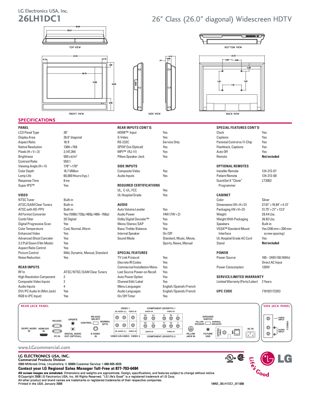 LG Electronics 26LH1DC1 warranty Class 26.0 diagonal Widescreen HDTV, LG Electronics USA, Inc, Specifications 