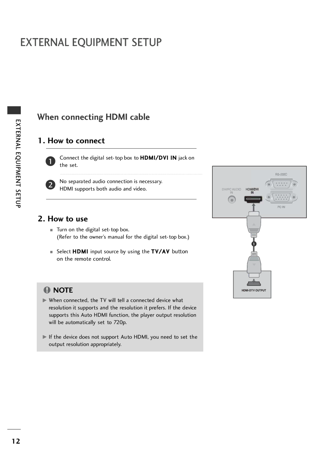 LG Electronics 26LH1DC4, 26LH1DC3, 26LH1DC5 manual External Equipment Setup, When connecting Hdmi cable 