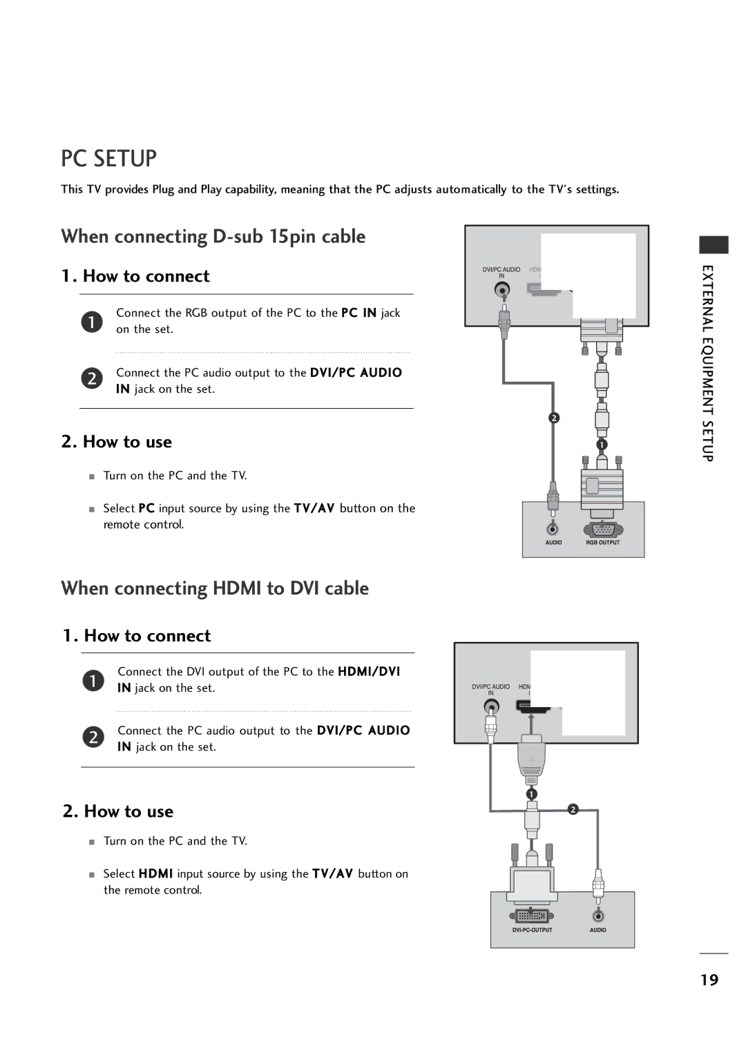 LG Electronics 26LH1DC3, 26LH1DC4, 26LH1DC5 manual PC Setup, Connect the DVI output of the PC to the HDMI/DVI 