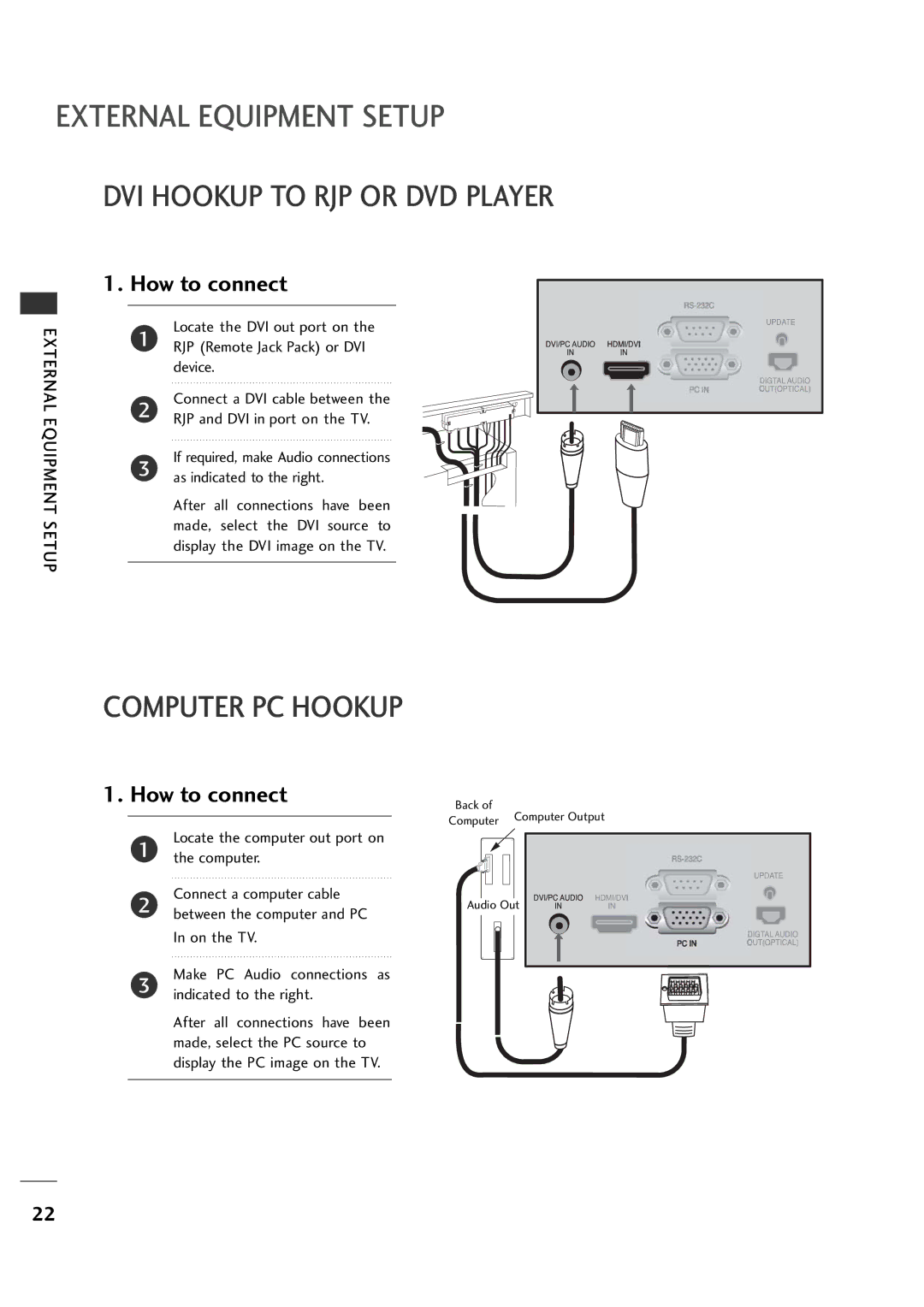 LG Electronics 26LH1DC3, 26LH1DC4, 26LH1DC5 manual DVI Hookup to RJP or DVD Player, Computer PC Hookup 