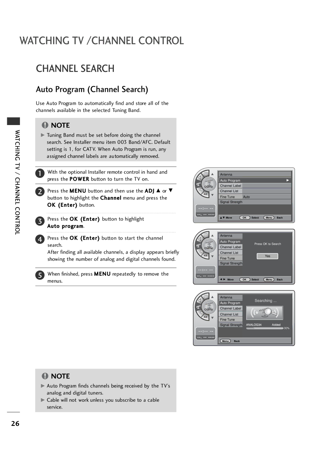 LG Electronics 26LH1DC5, 26LH1DC4, 26LH1DC3 manual Auto Program Channel Search, Watching TV, Control 