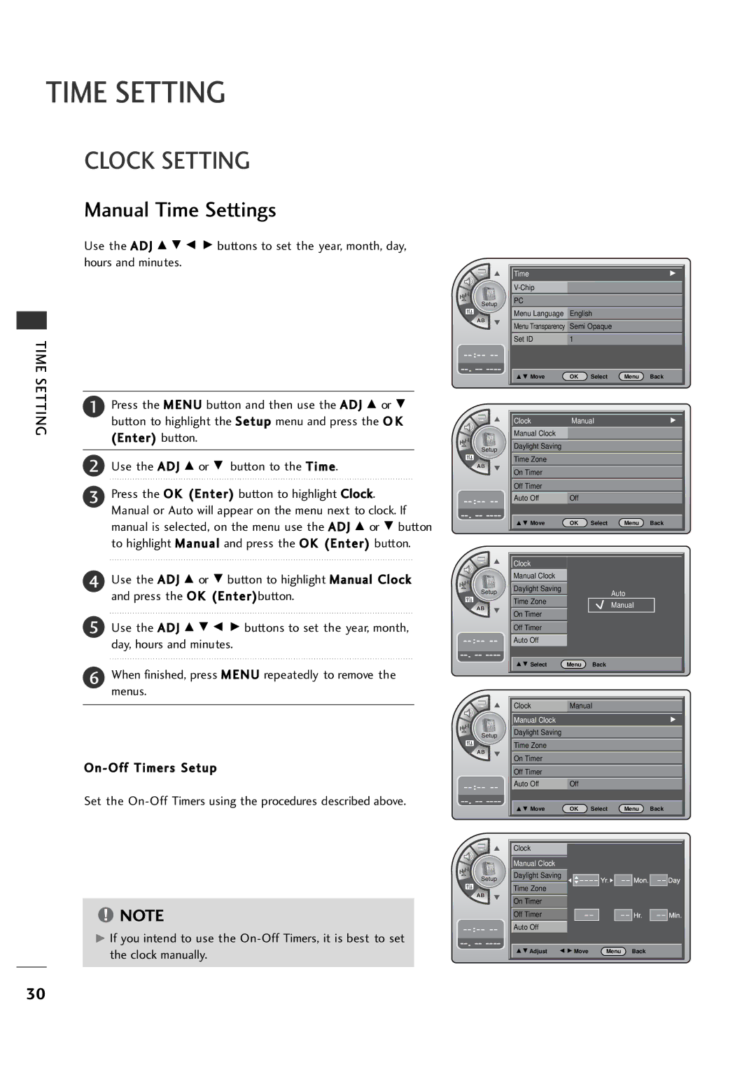 LG Electronics 26LH1DC4, 26LH1DC3, 26LH1DC5 manual Clock Setting, Manual Time Settings 