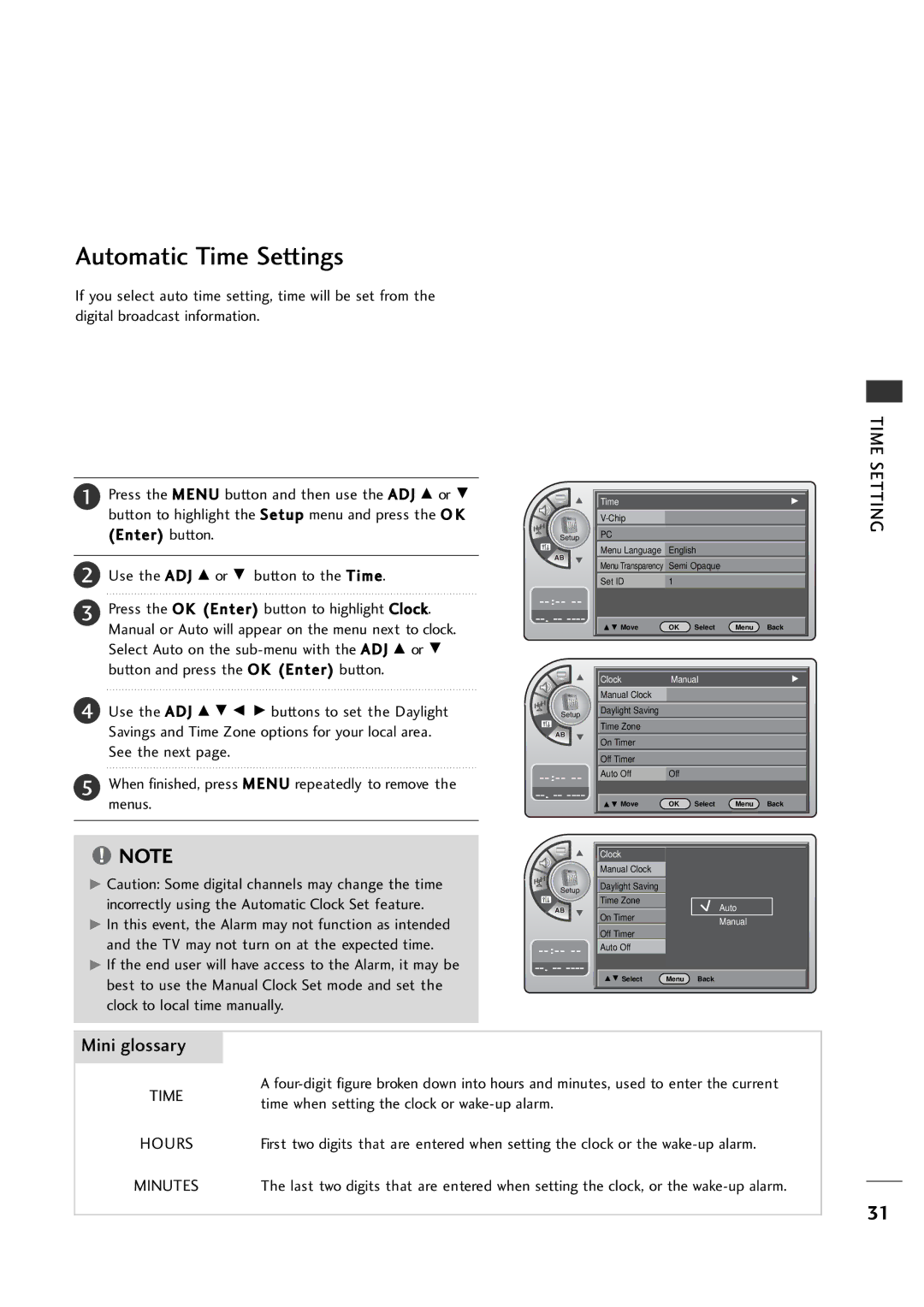 LG Electronics 26LH1DC3, 26LH1DC4, 26LH1DC5 manual Automatic Time Settings, Hours 