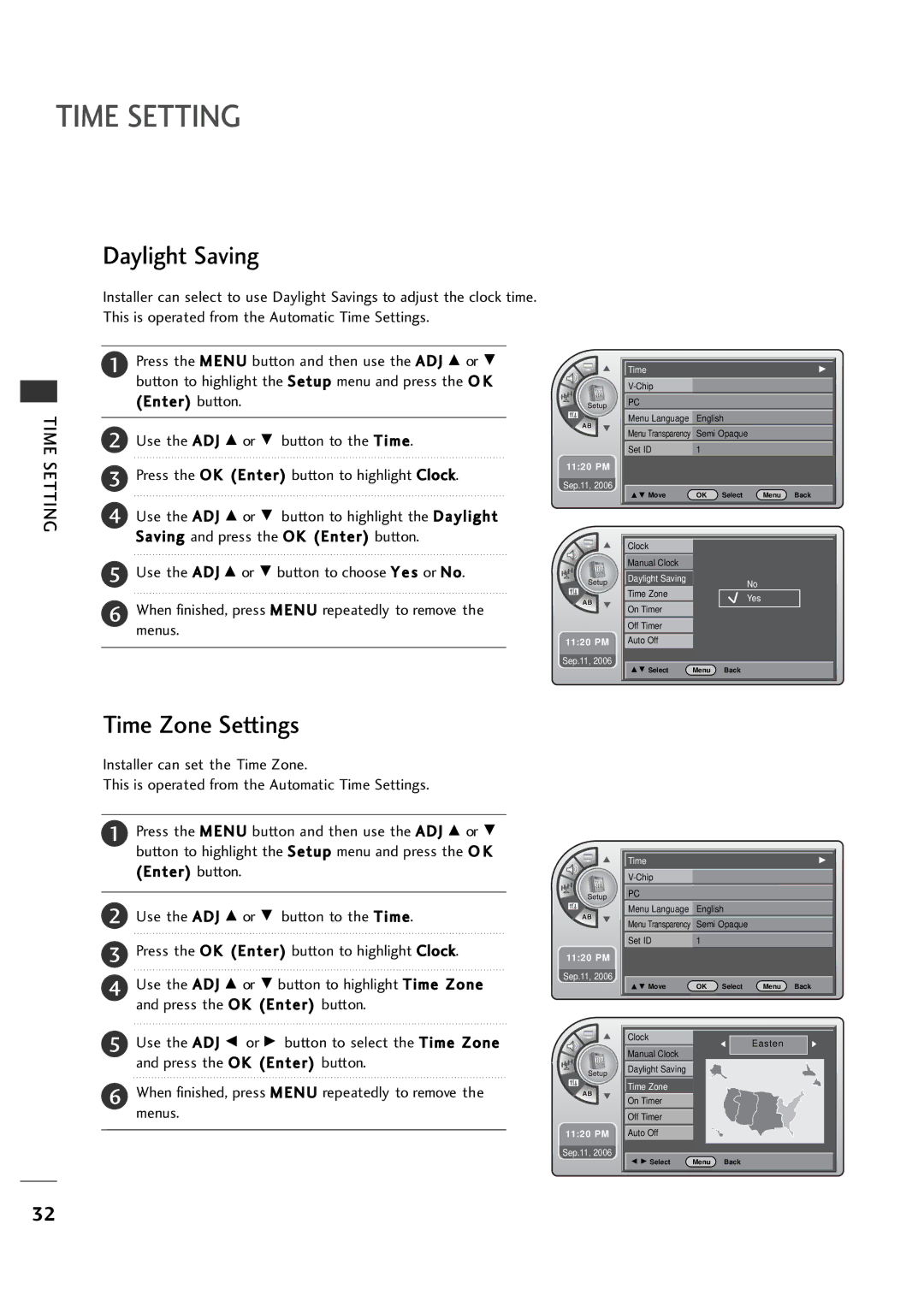 LG Electronics 26LH1DC5, 26LH1DC4, 26LH1DC3 manual Time Setting, Daylight Saving, Time Zone Settings 